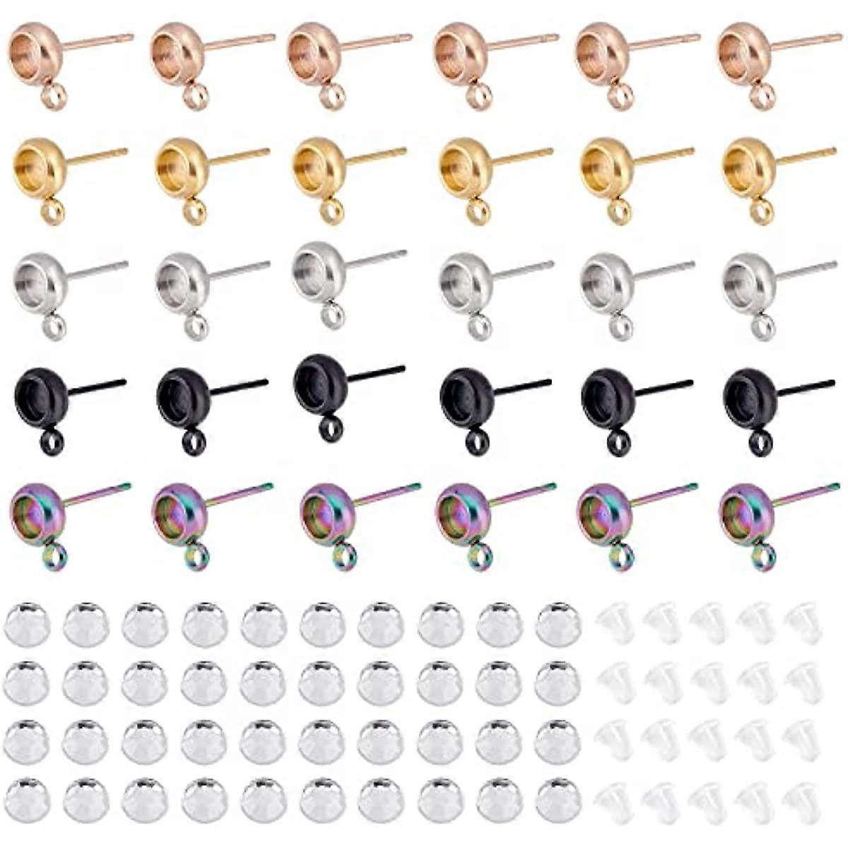 120Pcs 5 Colors Stainless Steel Earring Making Finding Kits Gold/Rose Gold/Black/Rainbow Color Stud Earring Settings with Loop and Rhinestone Cabochon