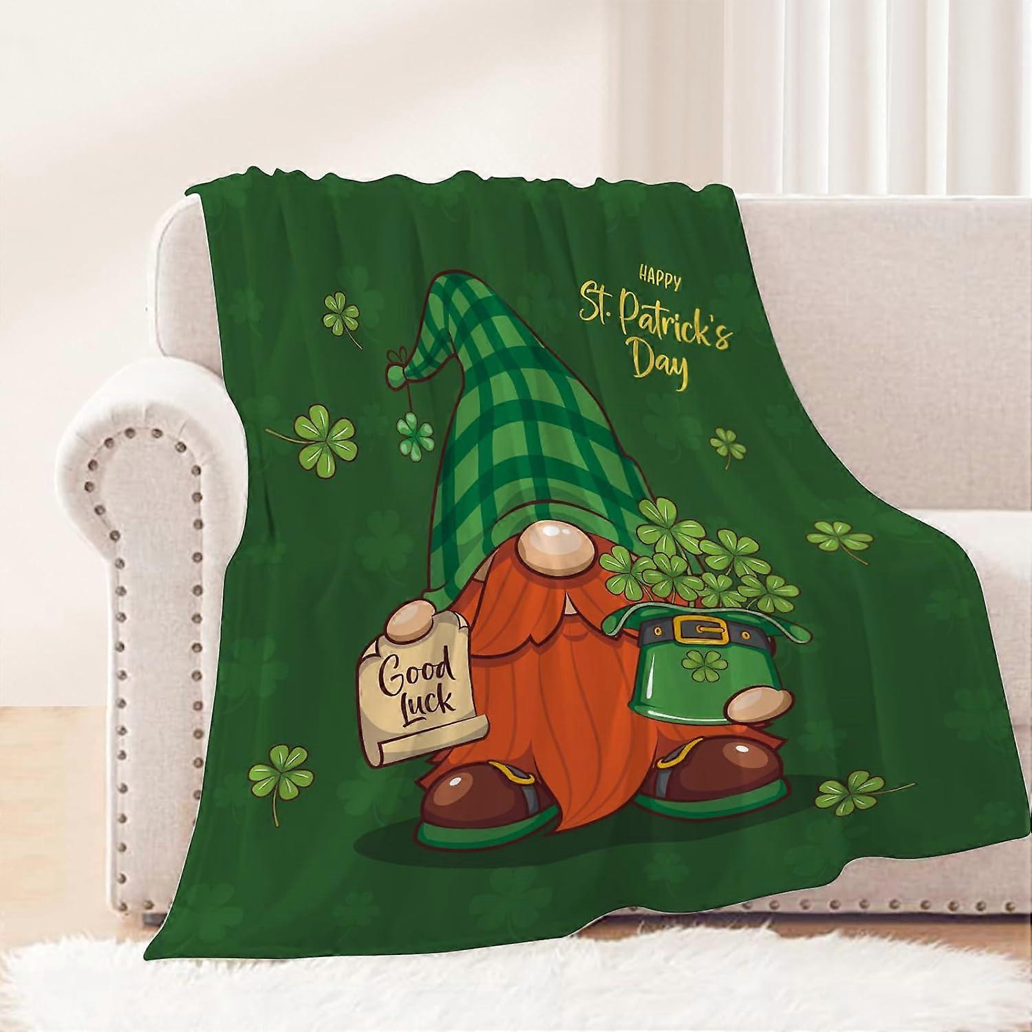St Patricks Day Decorative Throw Blanket Twin Size Green Gnome Shamrocks Blanket Saint Patricks Day Blanket for Couch Bed Soft Cozy Lightweight Fuzzy 
