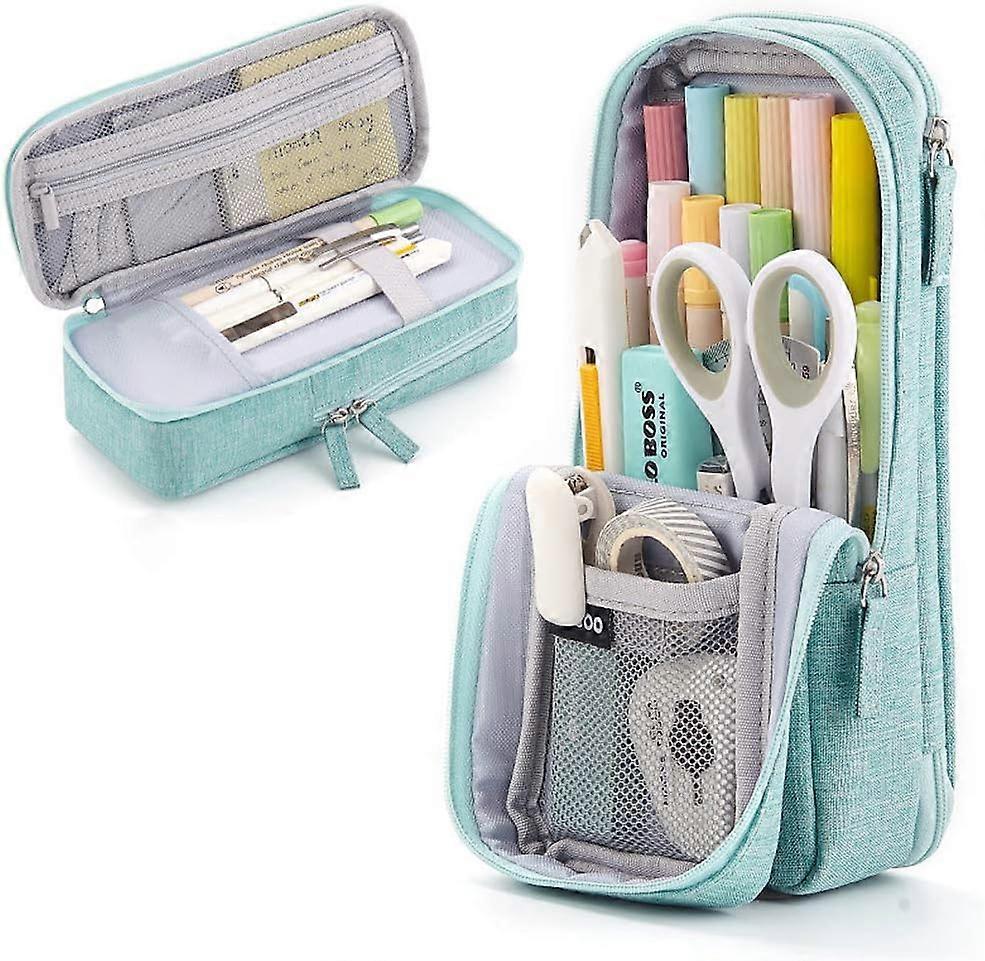 2 Layer Standing Pencil Case Cell Phone Support Stand Up Fold Down 3C Bag Double Pen Holder with Zipper, Office School Desk Stationery Organizer