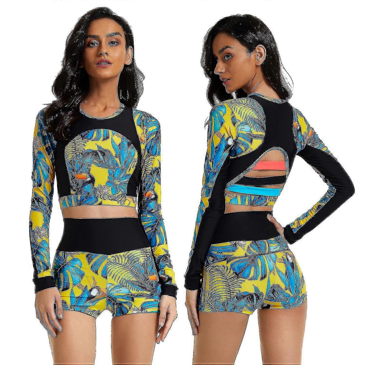 Femmes Manches Longues Rash Guard Maillot de bain Chemise de surf Deux pièces Maillot de bain Géométrique Short Set Maillot de bain UV Protection Maillot de bain