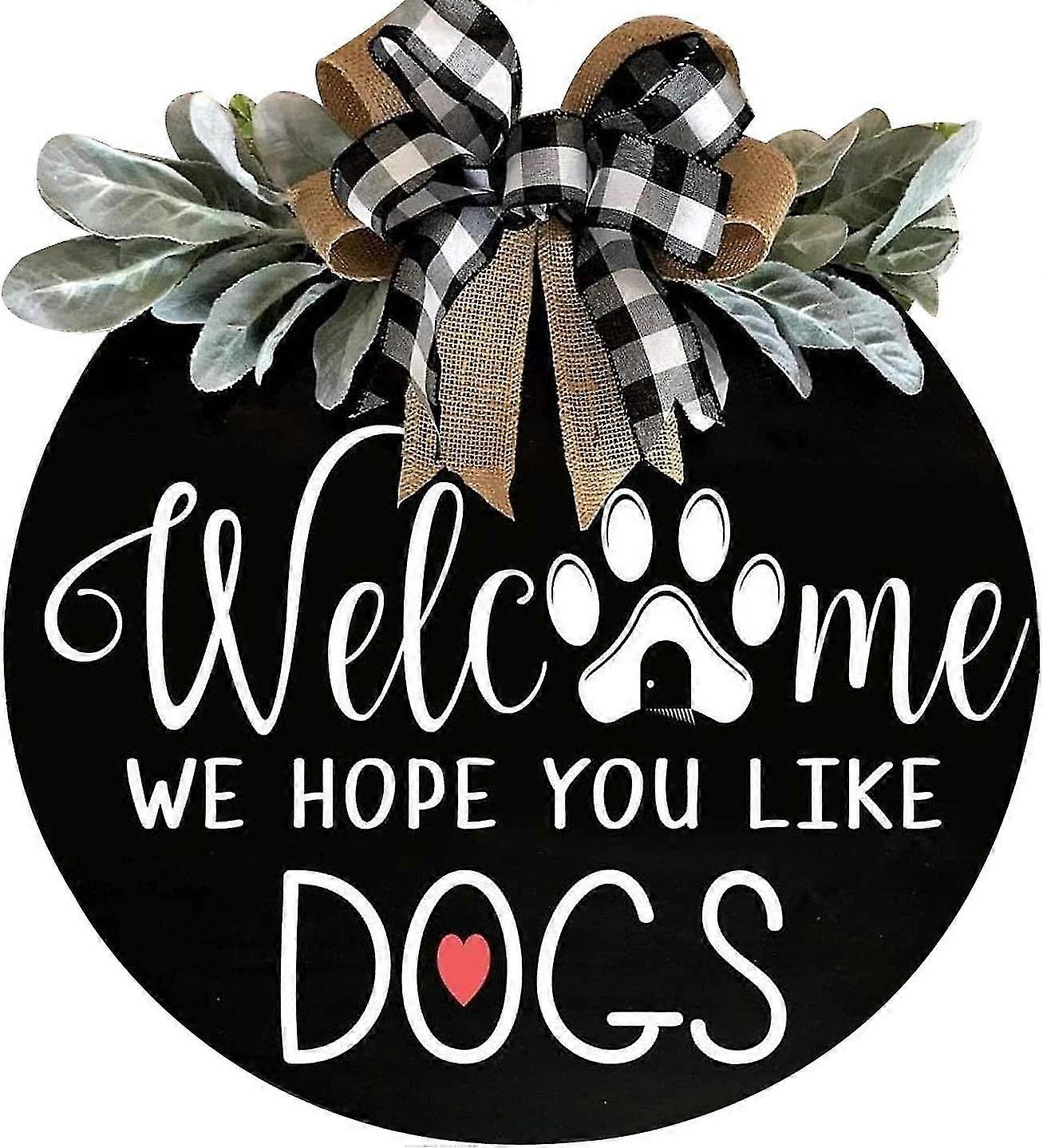 Welcome Wreath Sign For Farmhouse Front Porch Decor - We Hope You Like Dogs - Door Hanging With Premium Greenery - Gift For Christmas Housewarming Hol