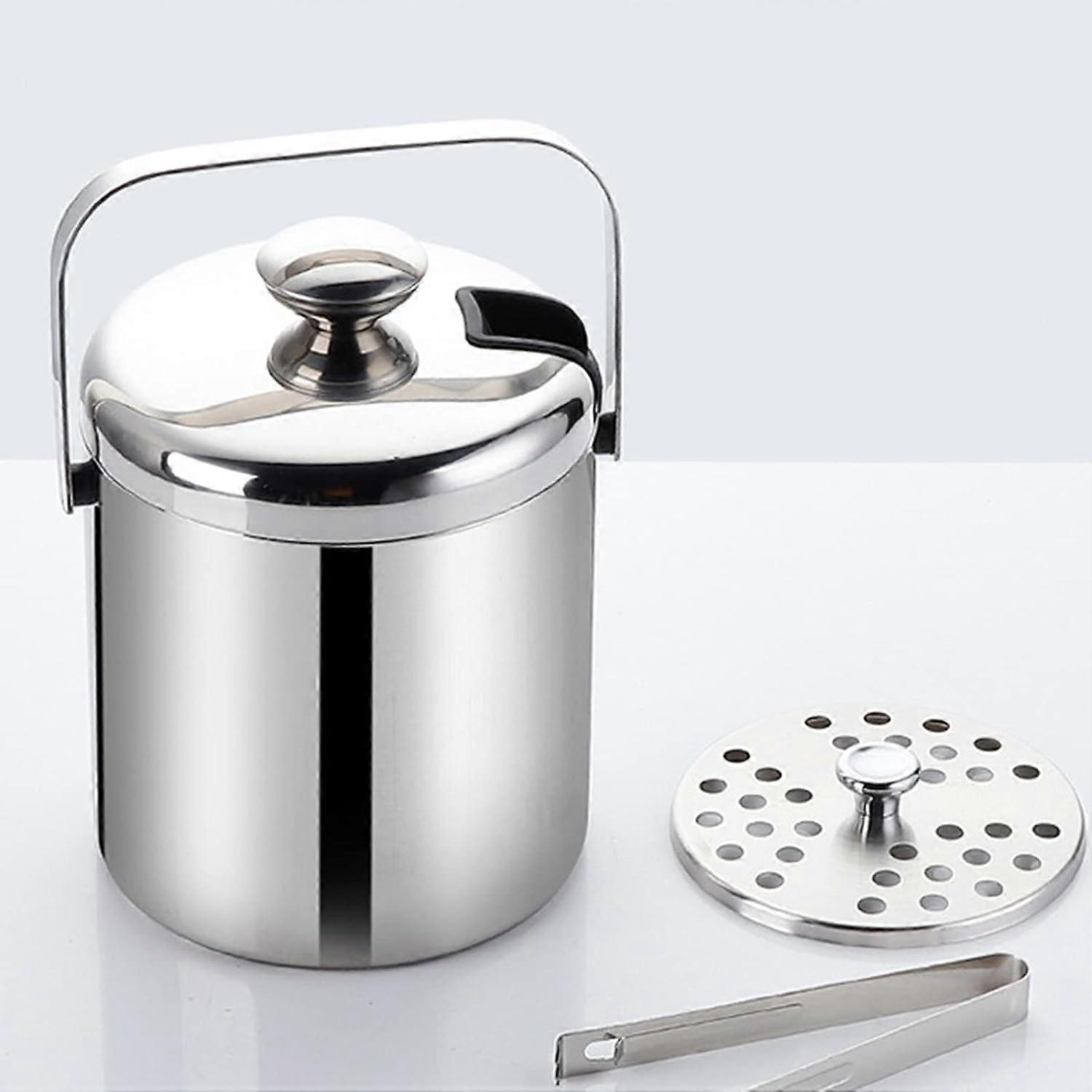 1.3L Stainless Steel Double-Layer Insulated Ice Bucket with Tong and Strainer, Champagne Bucket