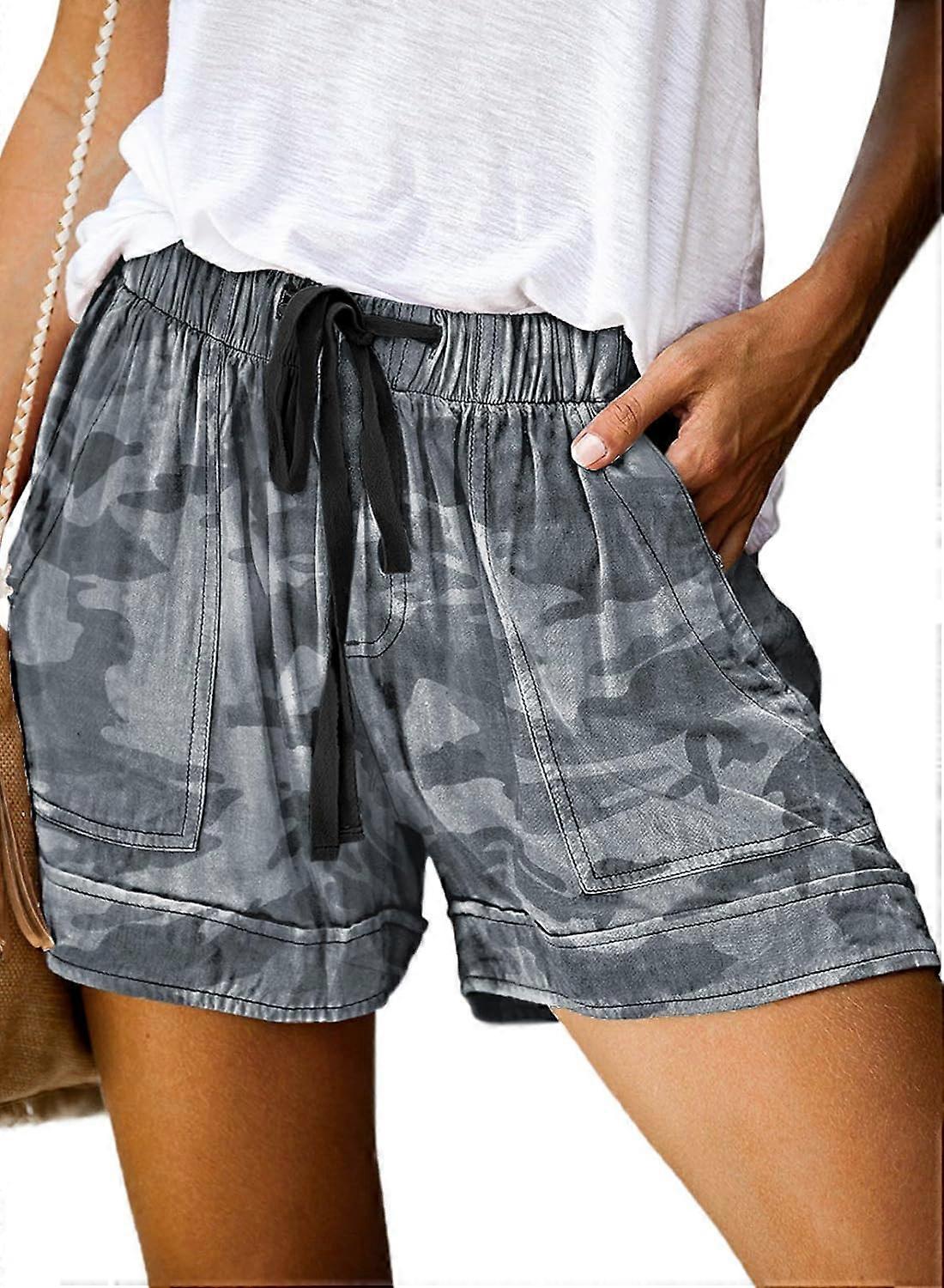 Womens Summer Casual Drawstring Elastic Waist Comfy Pure Color Shorts with Pockets