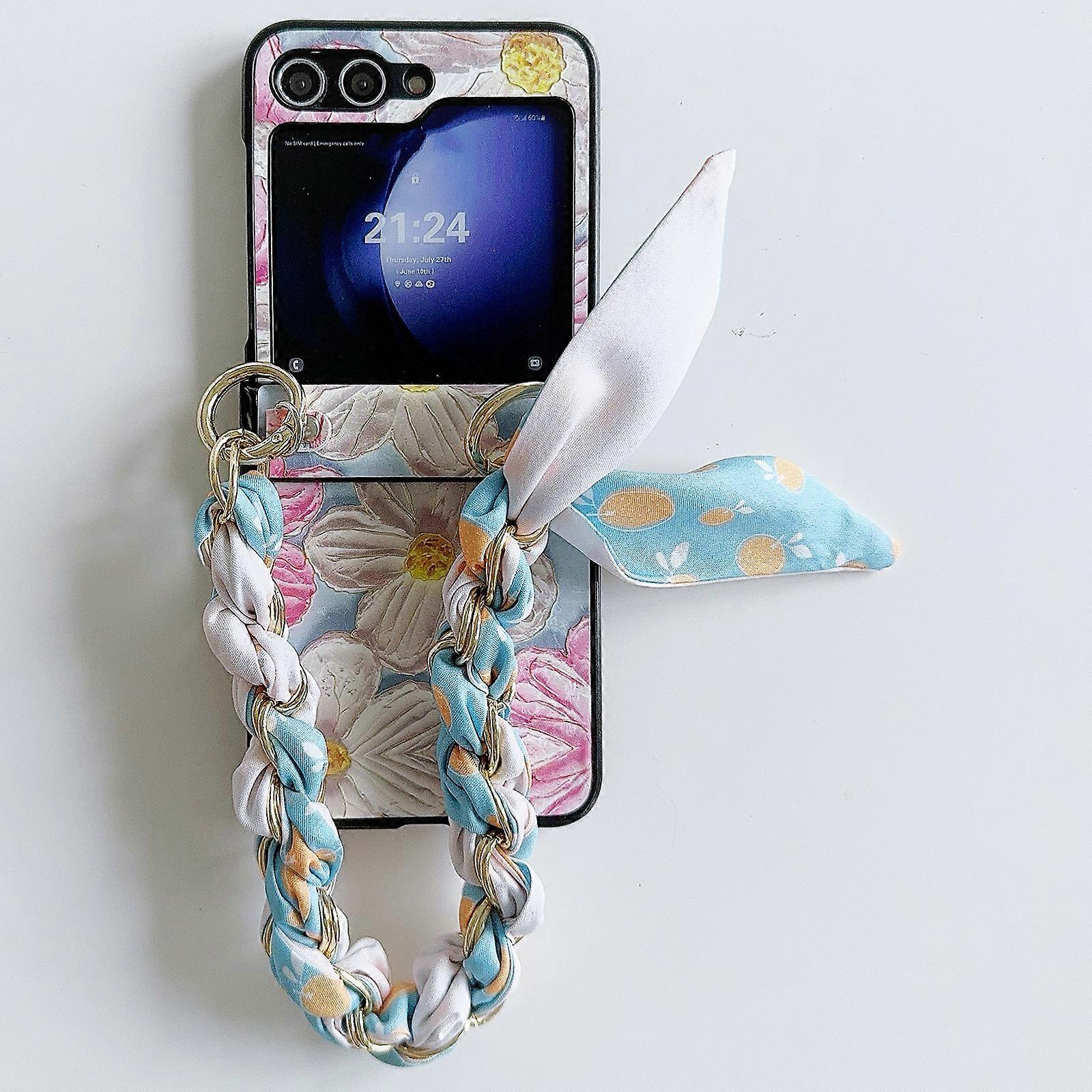 For Samsung Galaxy Z Flip7 FE 5G/ Z Flip6 5G/ Z Flip5 5G Case PU Leather+PC Phone Shell with Silk Scarf Chain Lacquered Pattern Design