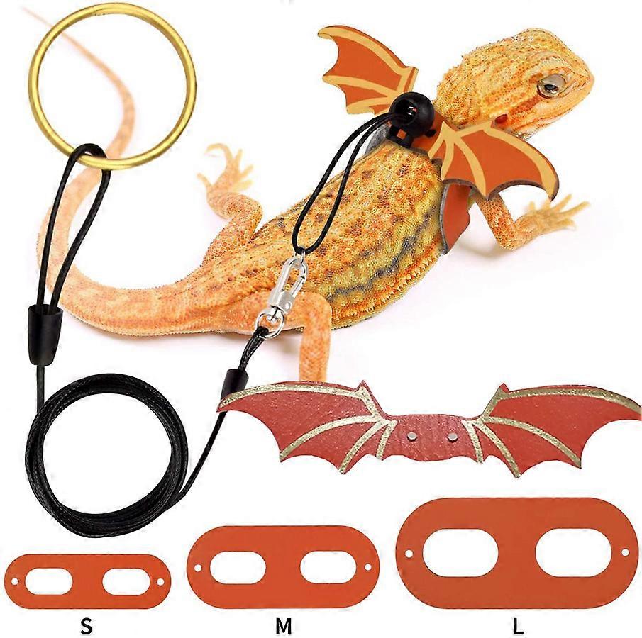 Bearded Dragon Harness and Leash Adjustable Lizard Leash 3 Size Soft Leather Harness Wings Hat Set for Small Reptiles (Orange Set)