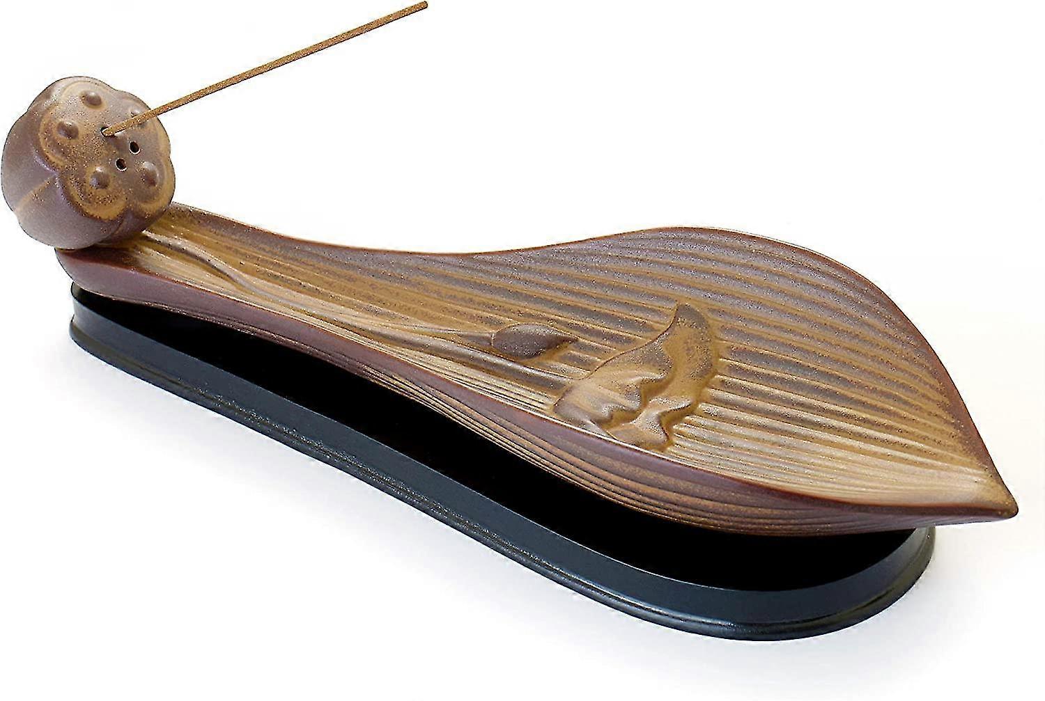 Ceramic Incense Burner - Lotus Leaf Vintage Incense Stick Holder Cone Ash Catcher Tray With Stable Base (brown1pc)
