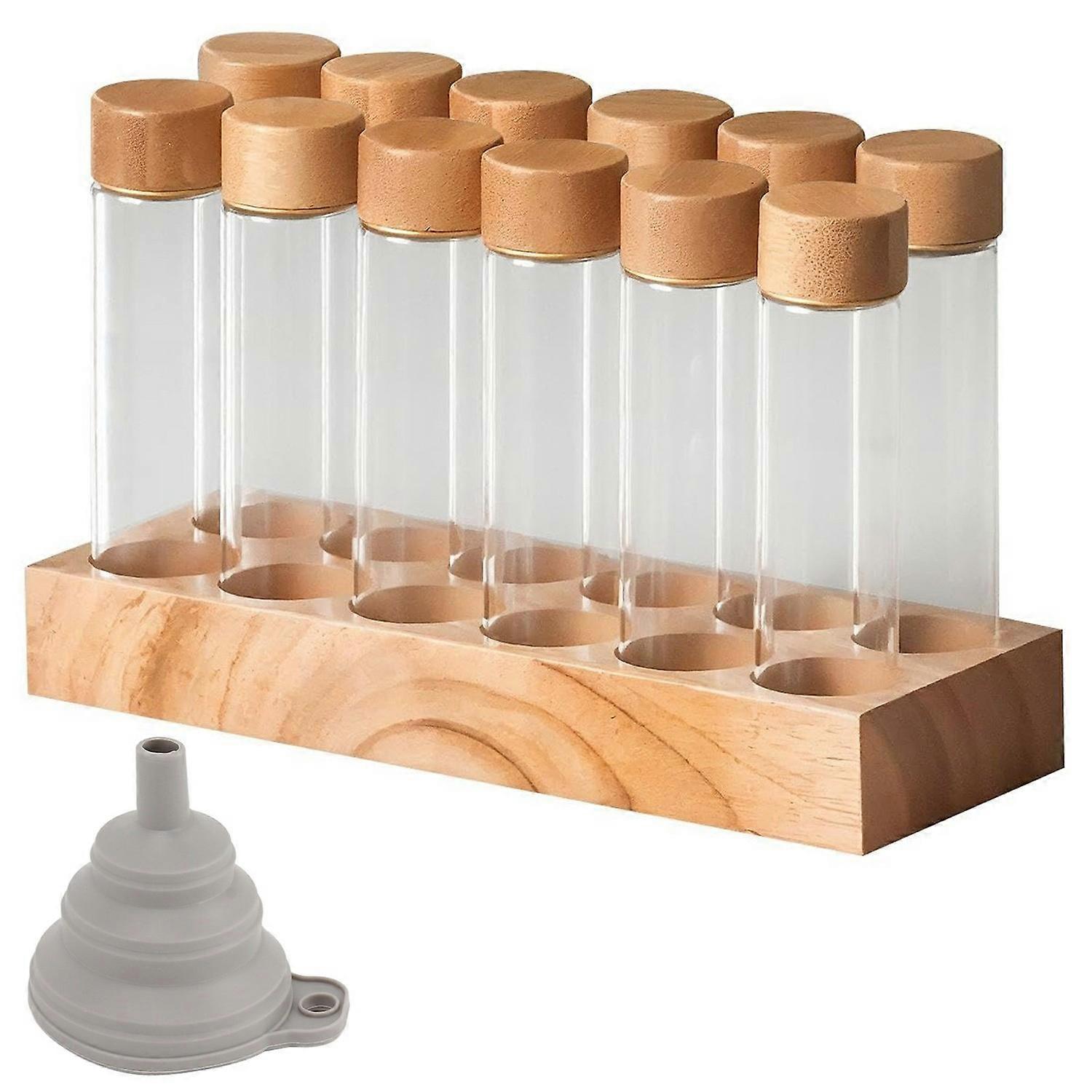 Suporte de exposição de grãos de café com base de madeira com 12 tubos de vidro transparente e funil para balcão de bar de café