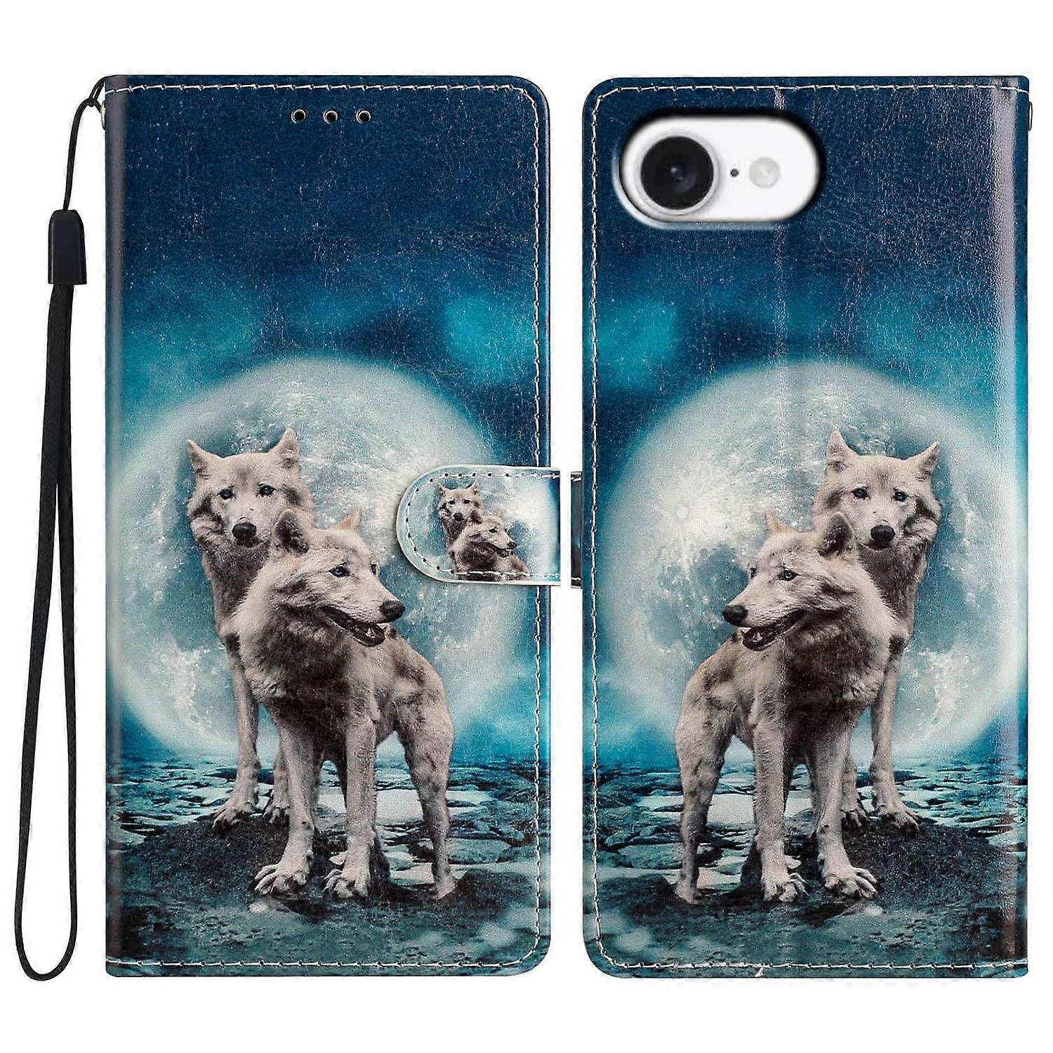 For iPhone 16e Wallet Case PU Leather Pattern Printing Stand Phone Cover with Strap-Two Wolves