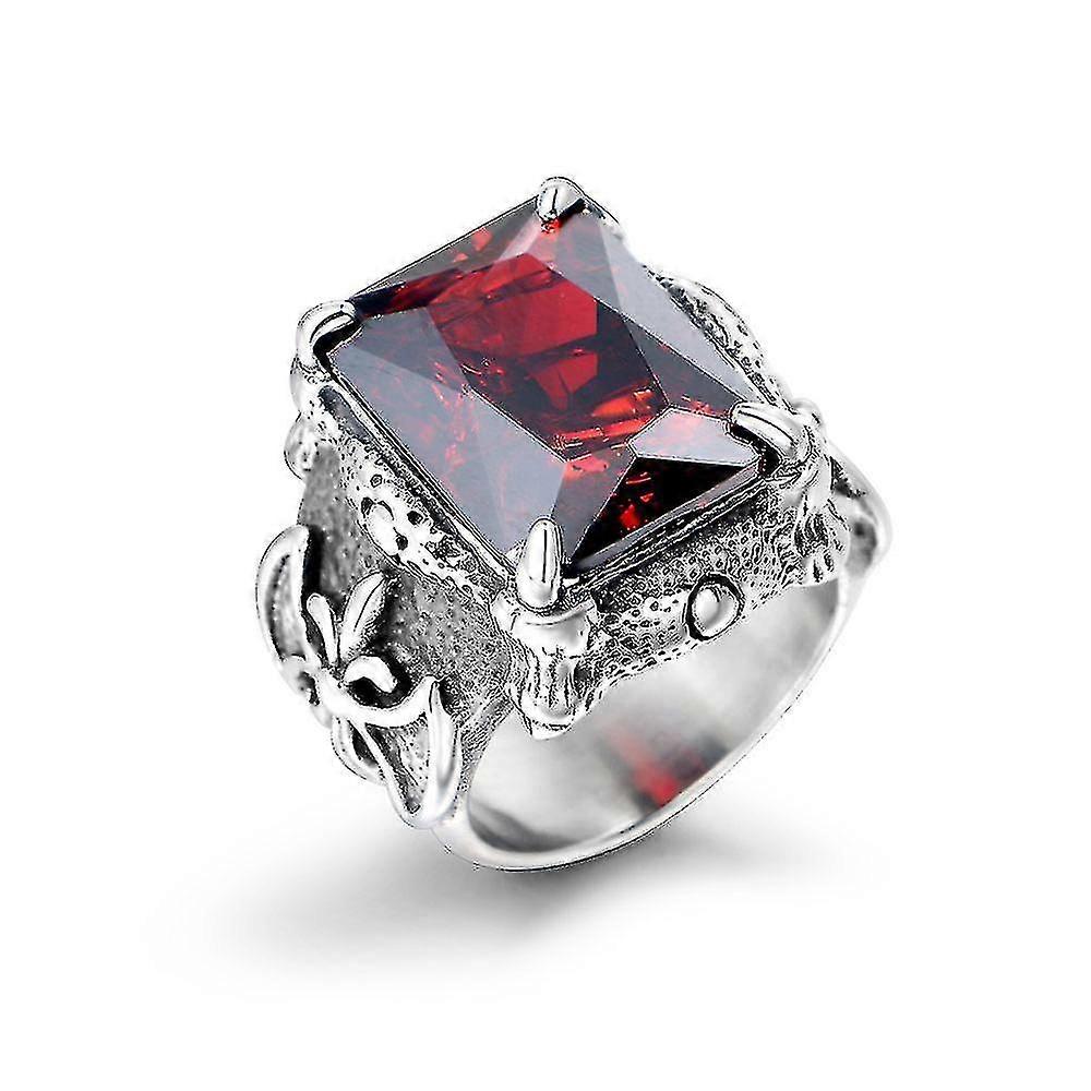Ring, with Large Rectangular Red Gemstone and Intricate Silver - Tone Design