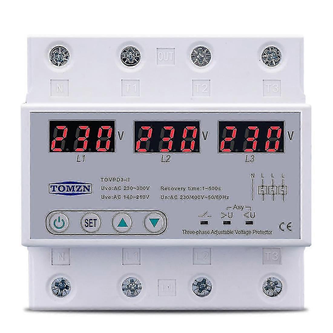 Three-Phase Adjustable Over/Under Voltage Protector Auto Reset 63A 380V EU