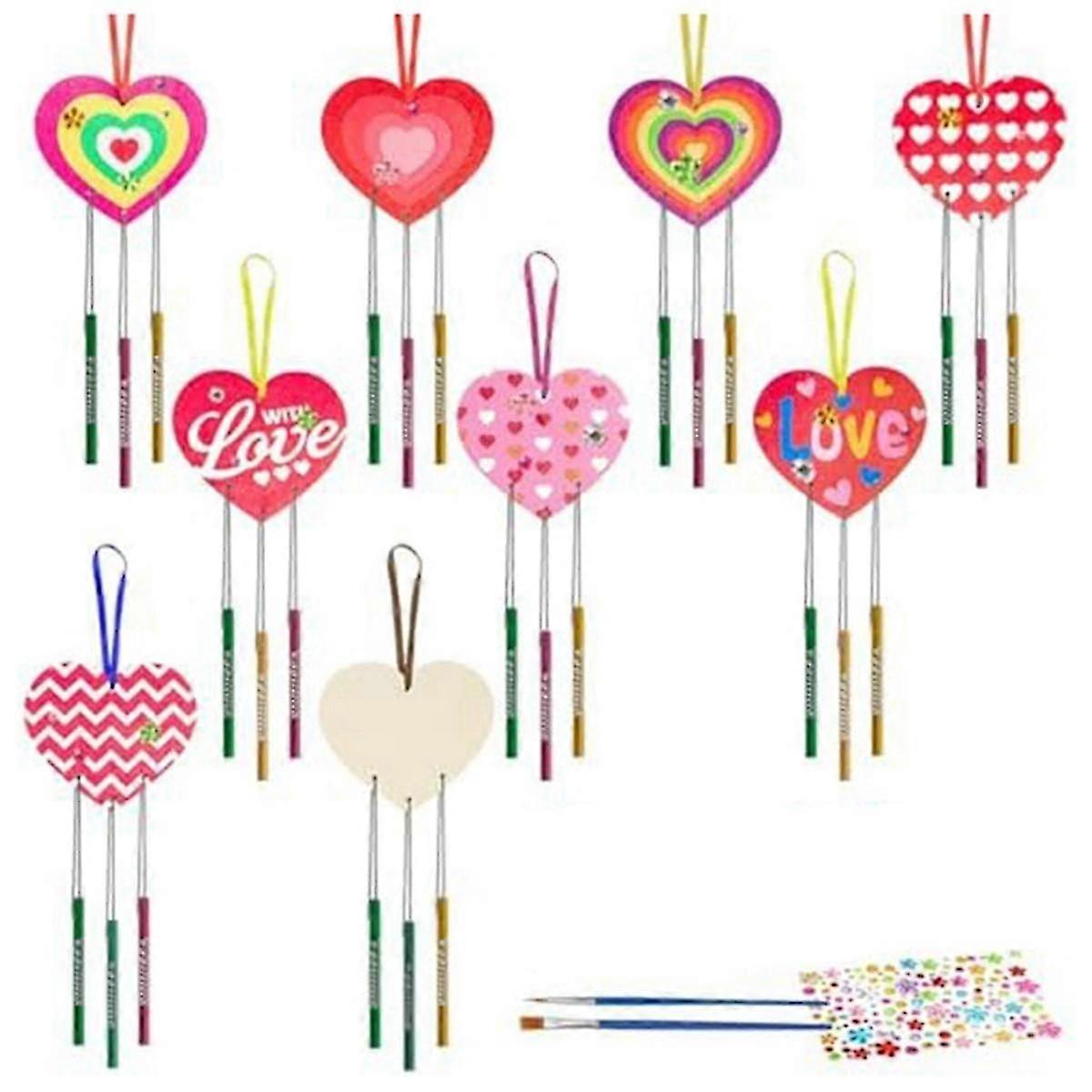 9 Pack Heart Wind Chime Make You Own Love Wind Chimes DIY Colorful Valentine's Day Wooden Craft B js