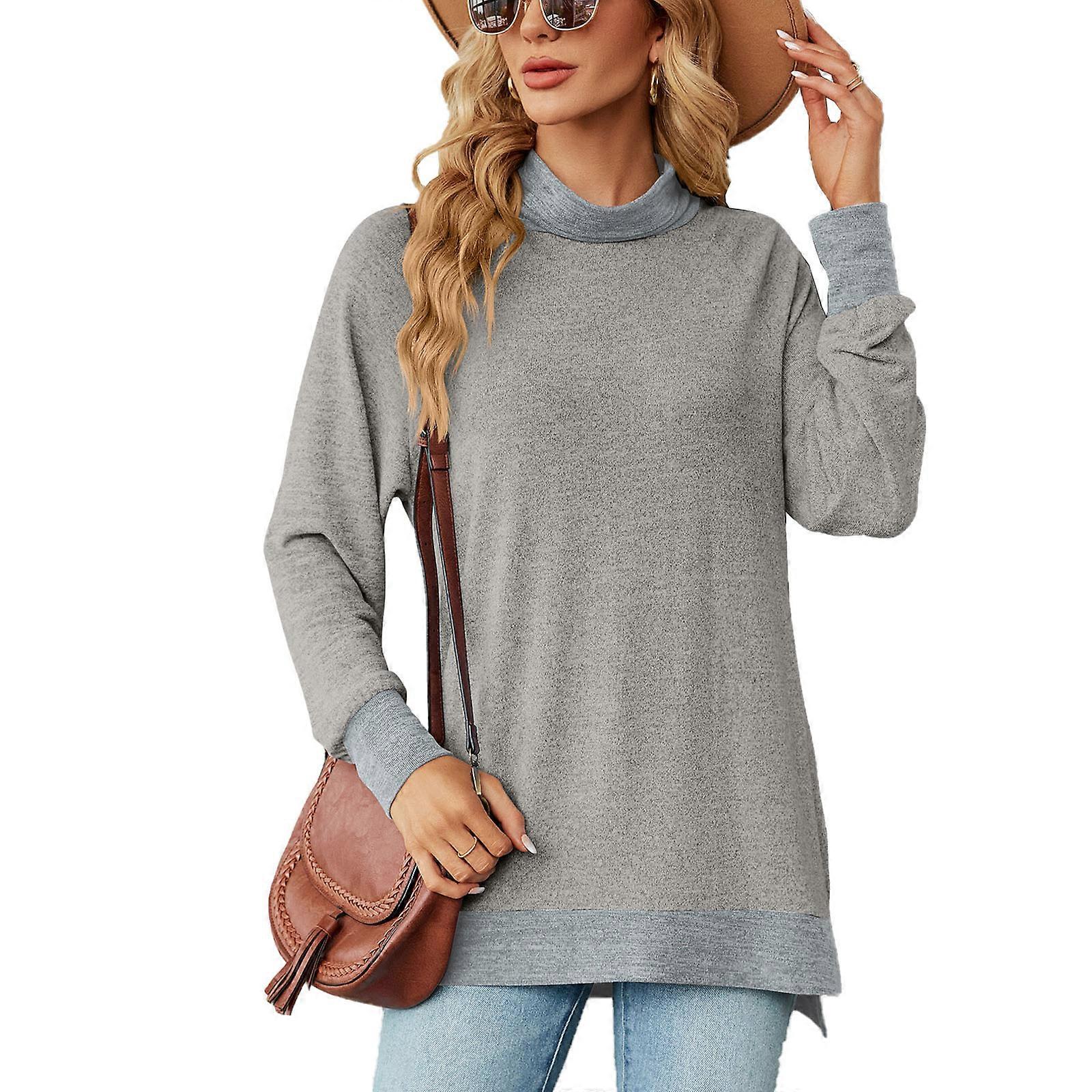 T-shirts décontractés à col montant à manches longues pour femmes Loose Side Split Blouses Tuniques Tops T-shirt décontracté pour leggings gris clair XL