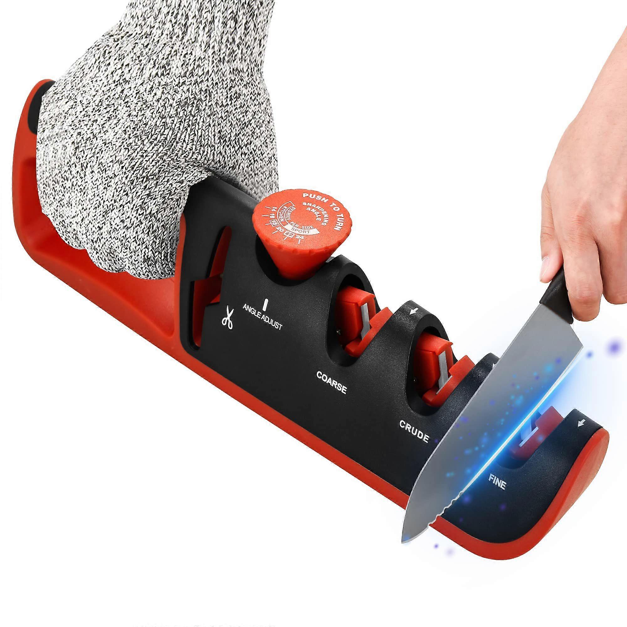 4 in 1 Sharpening Stone with Scissors, 6 Steps Adjustable Angle Guided Knife Sharpener Tool for Chef Kitchen Knife Scissors (Red)