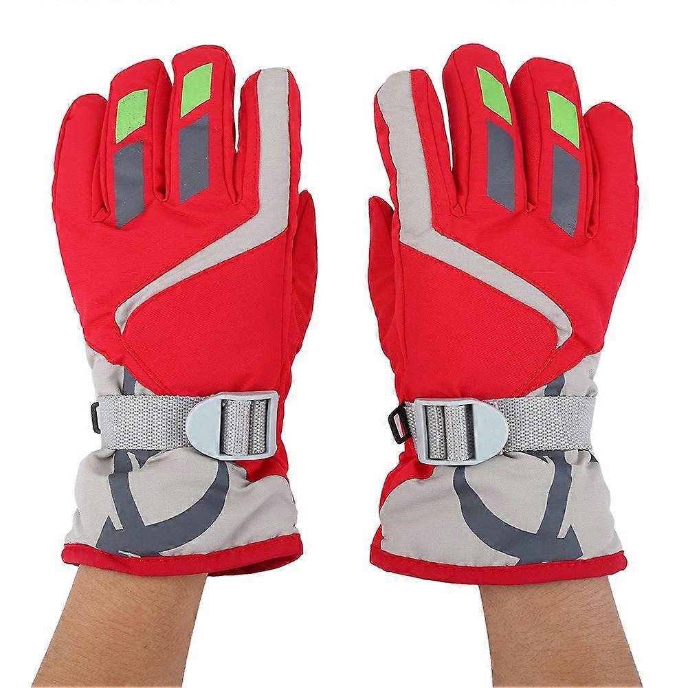 1ペア防水キッズキッズウォームフルフィンガーグローブスキーサイクリングライディング用(レッド+グレー)