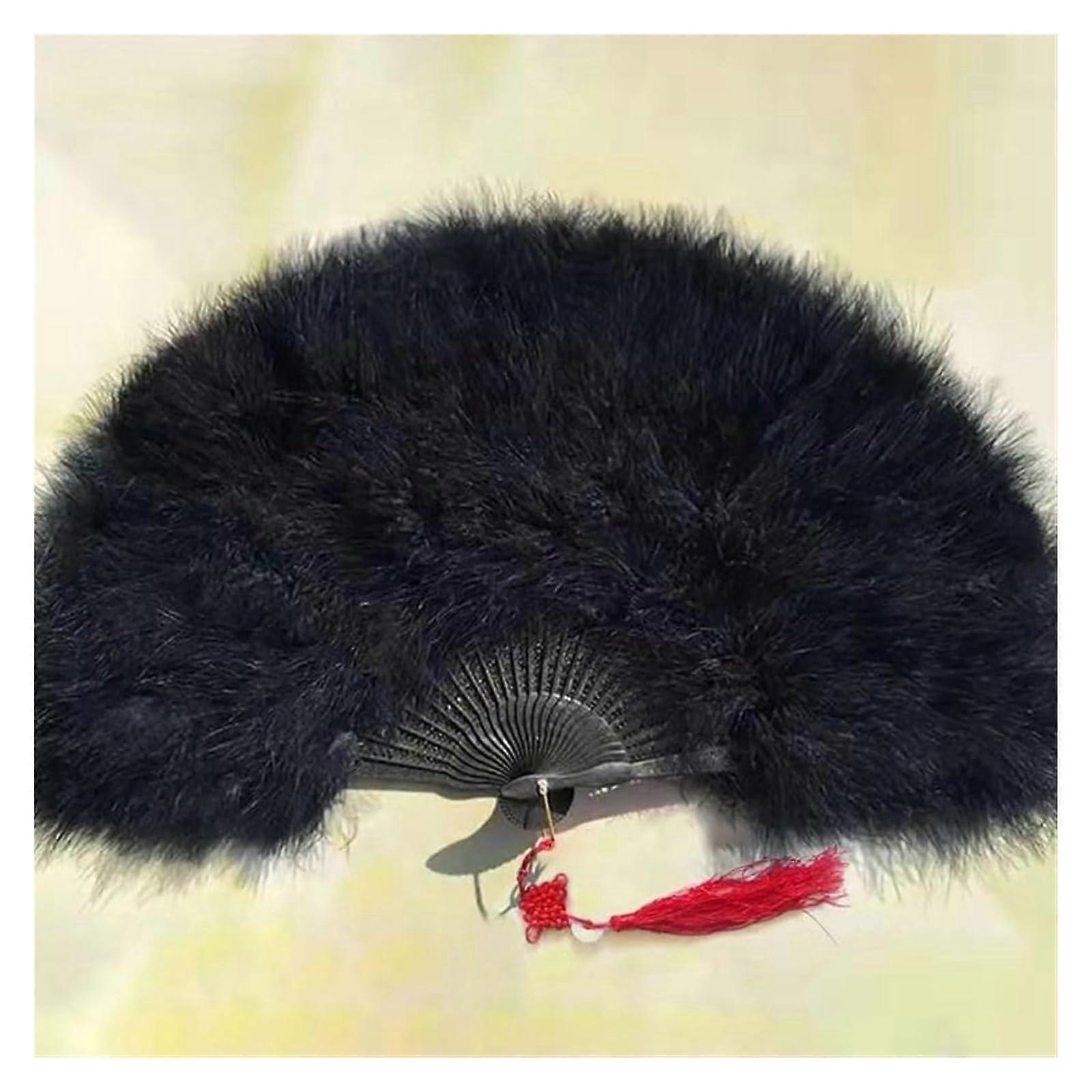 Feather Fan Folding Fan Dance Fan Cheongsam Feather Fan Nightclub Antique Hand Fan Foldable Decorative Fans(Black Fan Bone)