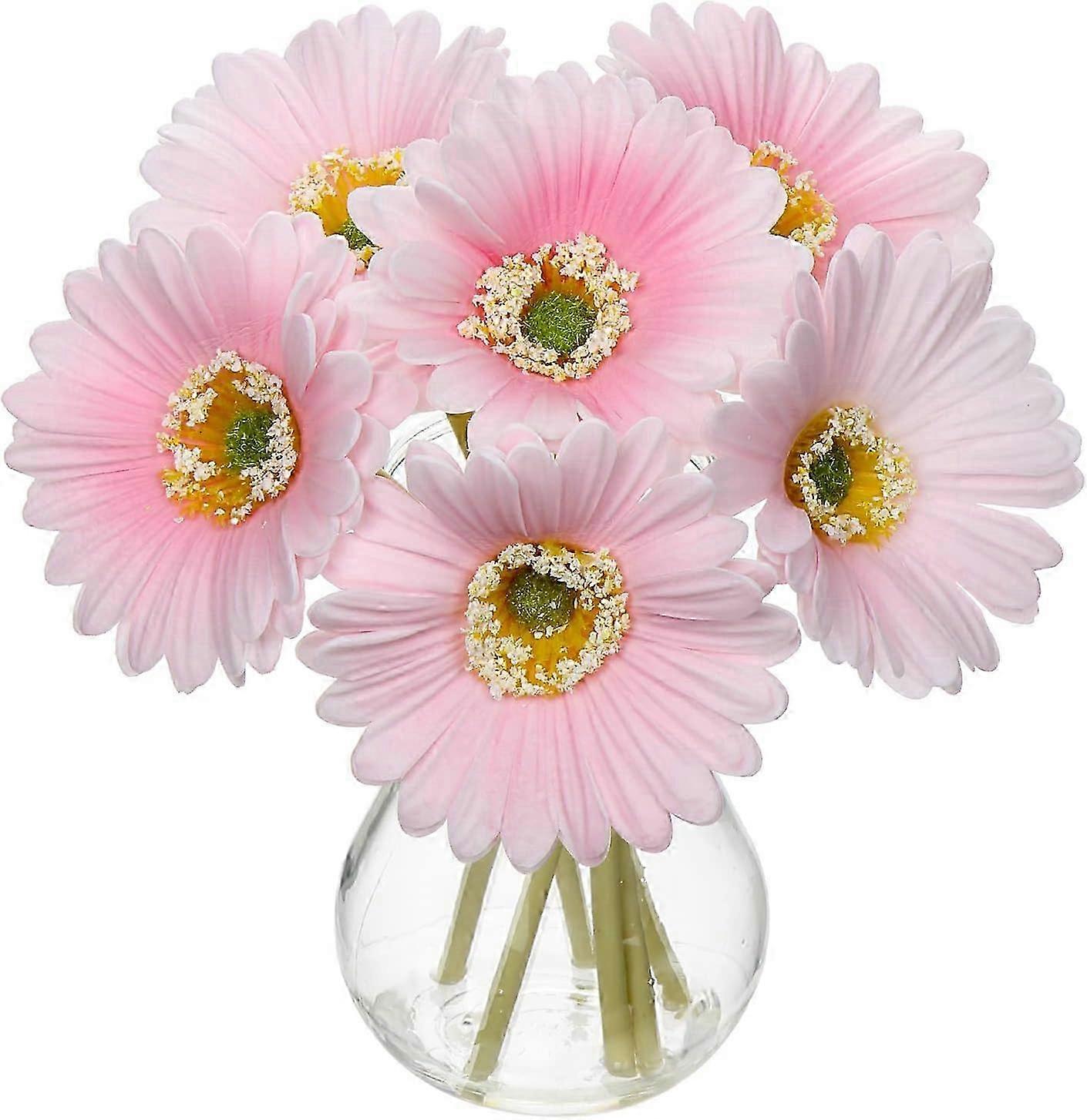 6 pcs Artificial African Daisies with Glass Vase, Small Fake Flowers in Vase with Faux Water, Pink