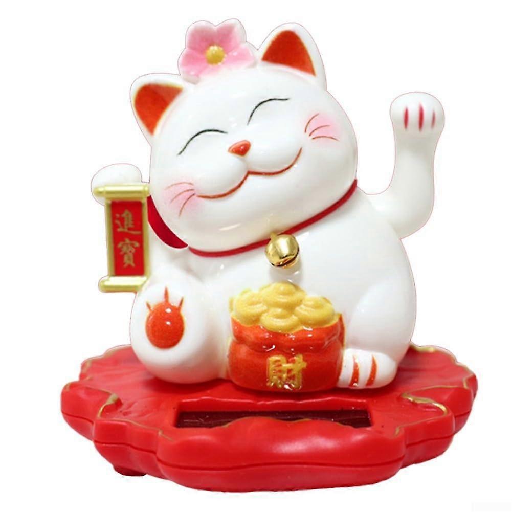Solar Powered Waving Lucky Cat Decorative Piece to Attract Wealth Energy (2313White)