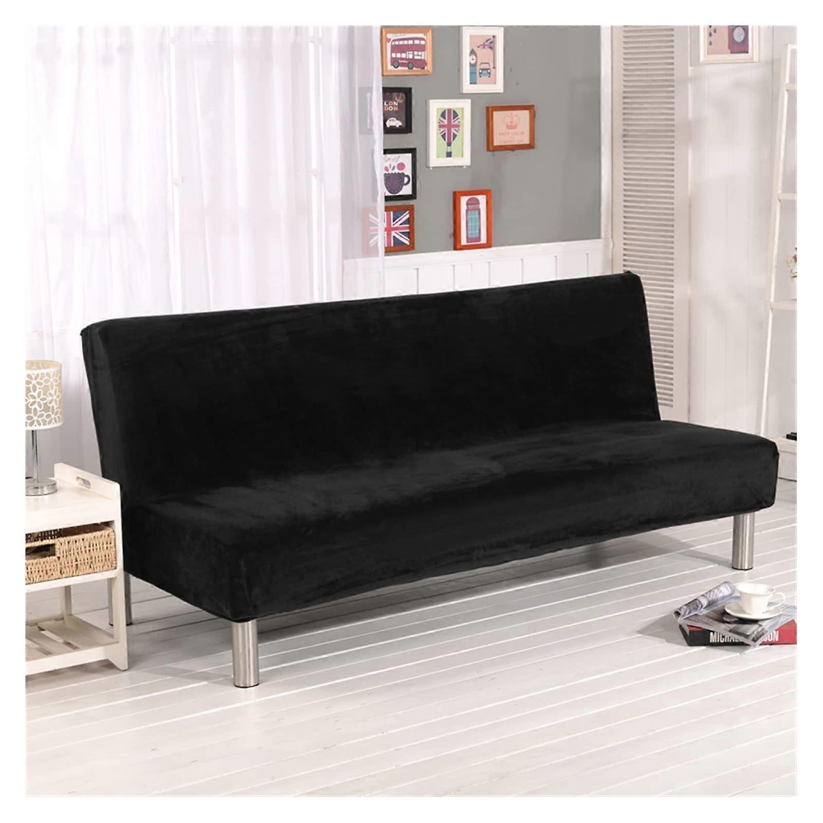 Plush Fabric Armless Sofa Bed Cover, Folding Seat Protector, Thick Elastic Futon Cover, Black Large