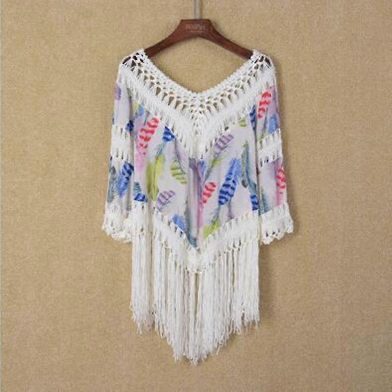 Summer Women's Swimwear Hand Crochet Printed Patchwork Fringe Bikini Beach Cover Up