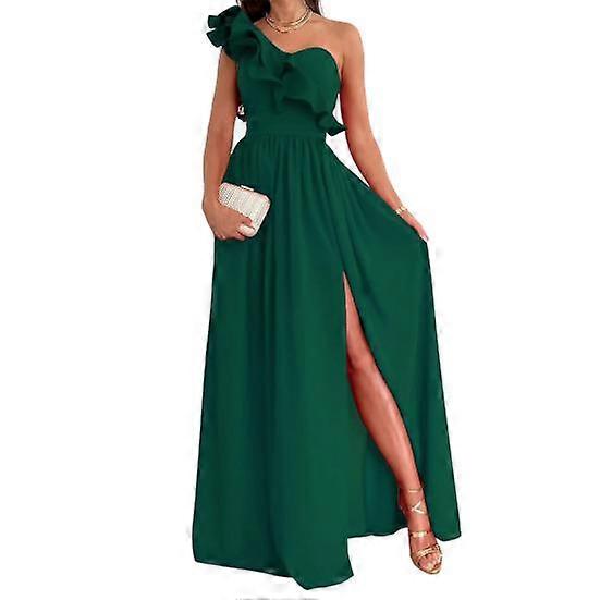 Lady Evening Dress One Shoulder Sleeveless Split Hem Solid Color Ruffle Pleated