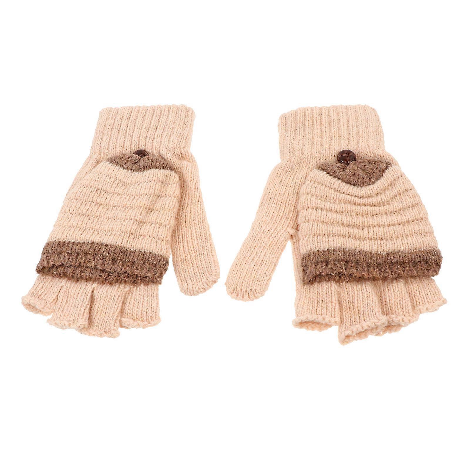 Beige Convertible Mittens Unisex Gloves Winter Hands Warmer Clamshell Half Finger Cloth 1 Pair