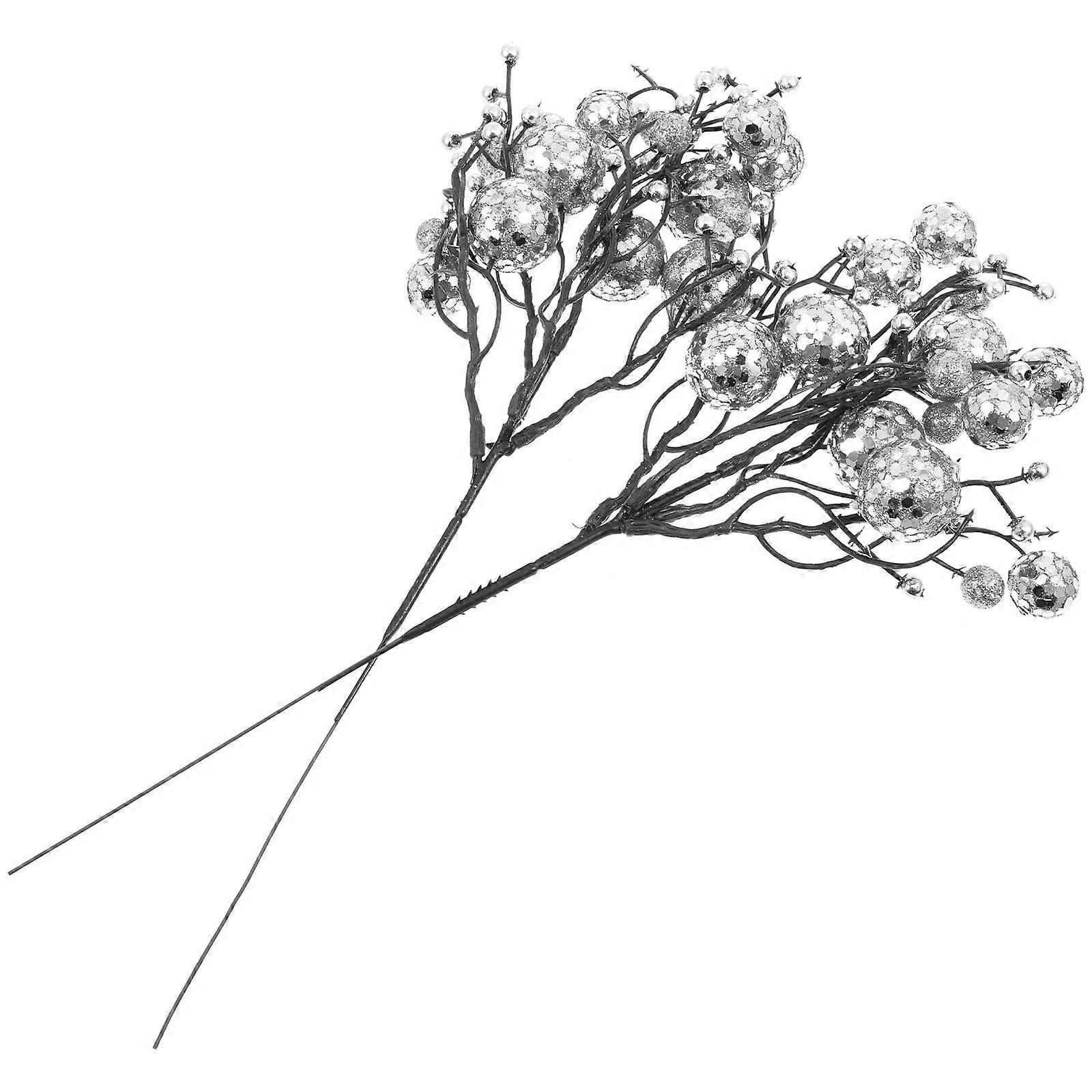 Artificial Berry Twig Stem Wreath Accessories 30CM Decorative 2Pcs Silver Christmas Ornament For Greeting Cards And Parties