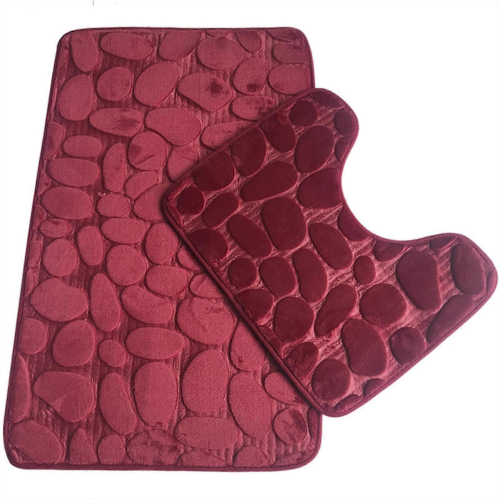 3D Textured Bathroom Mat Set - 2 Pieces Flannel Non-Slip Toilet Rug, Medium Size, Red Color for Bath and Shower Rooms