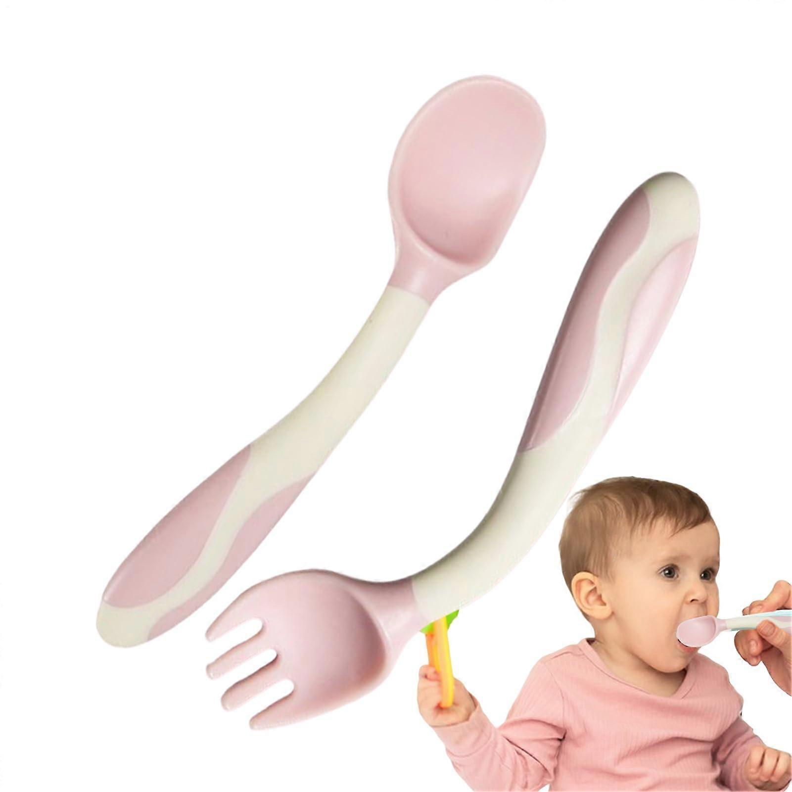 Baby Cutlery Set,Bendable Silicone Feeding Spoon and Fork  Ergonomic Grip First Stage Feeding Learning Flatware Utensils Set for Daycare Pink