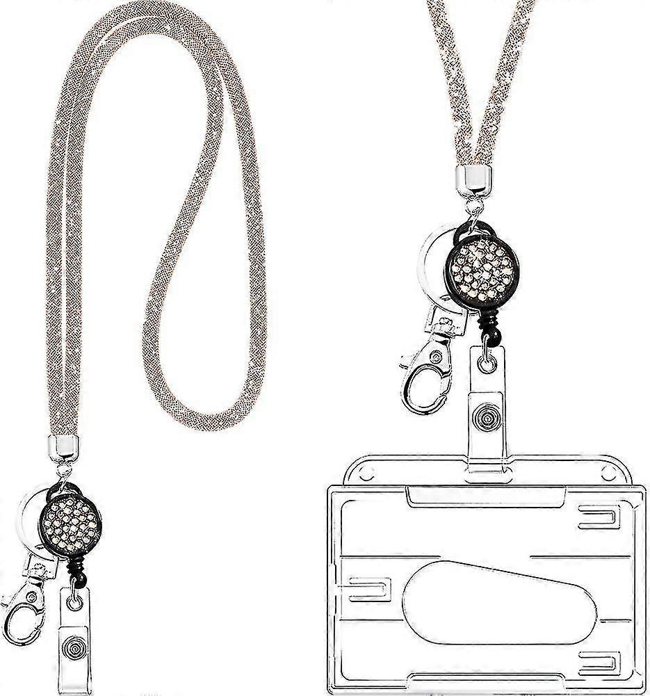 قلادة حبل الكريستال مع حامل بطاقة الهوية واضحة وسلسلة المفاتيح - حجر الراين مزينة