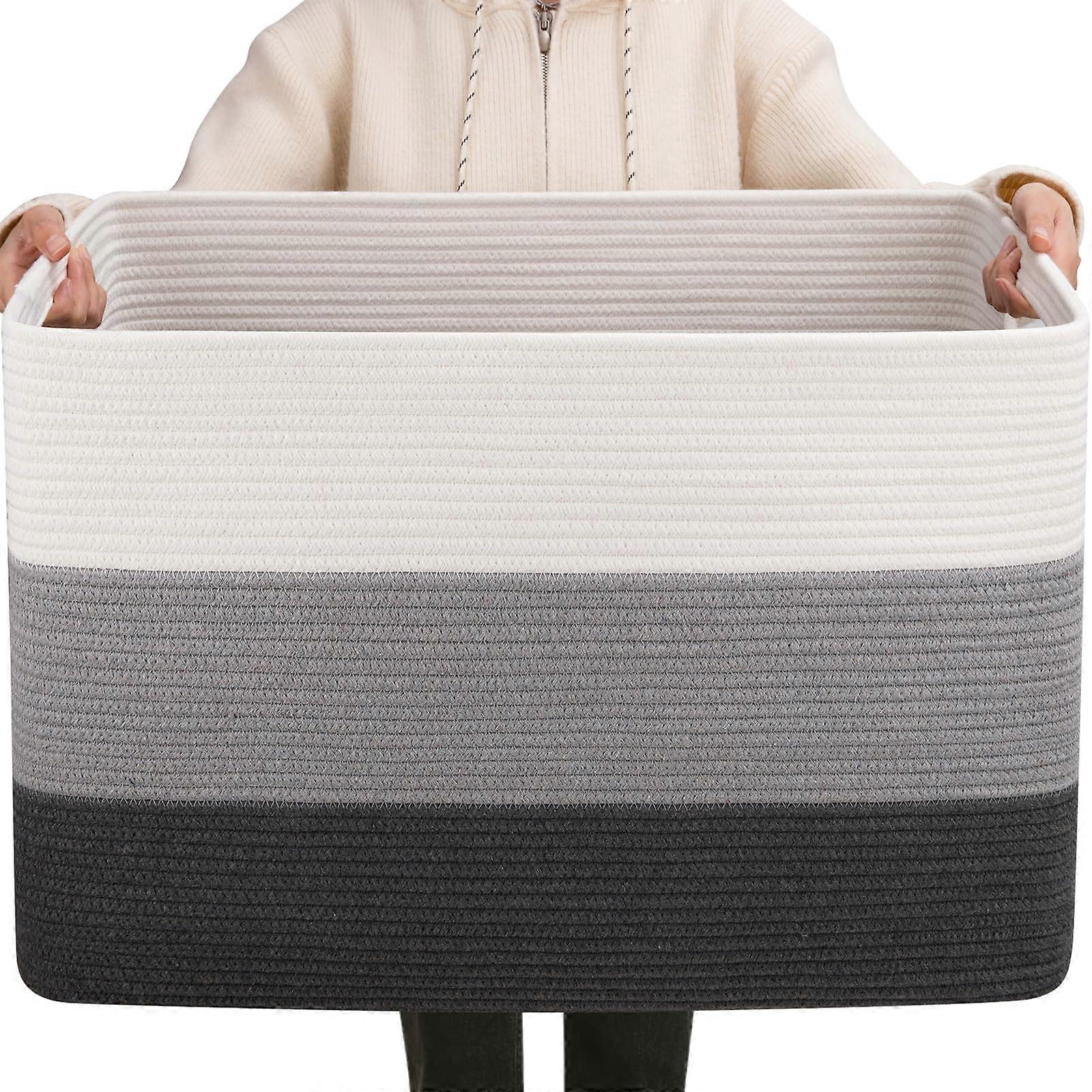Blanket Basket 108L Capacity, Rectangle Woven, Cotton Rope, With Handle, 25x16x16 Inches, Gradient Dark Grey