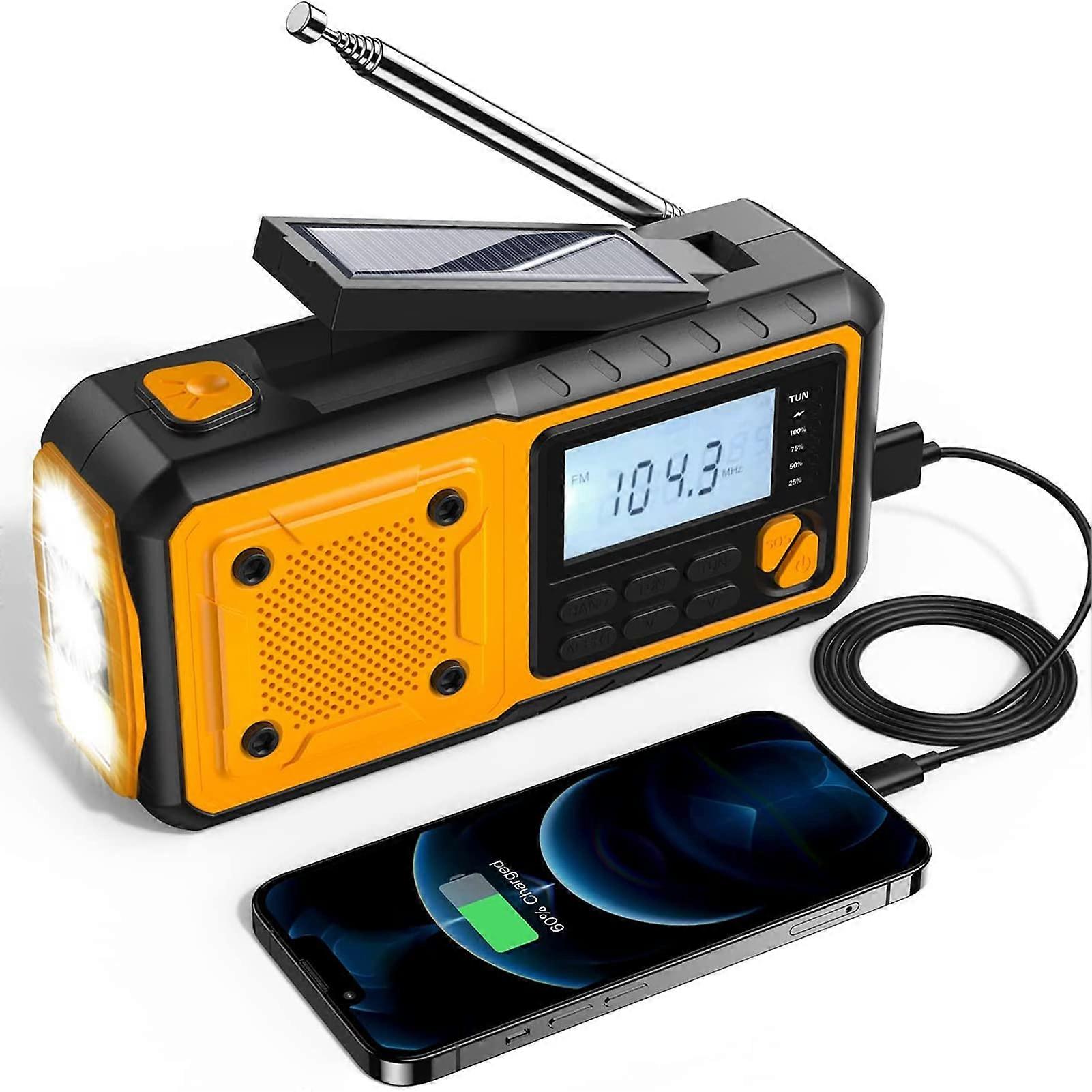 Solar Powered Radio AM/FM/NOAA Weather Dynamo LED Flashlight Waterproof Outdoor Use Multifunctional Hand Radios Yellow