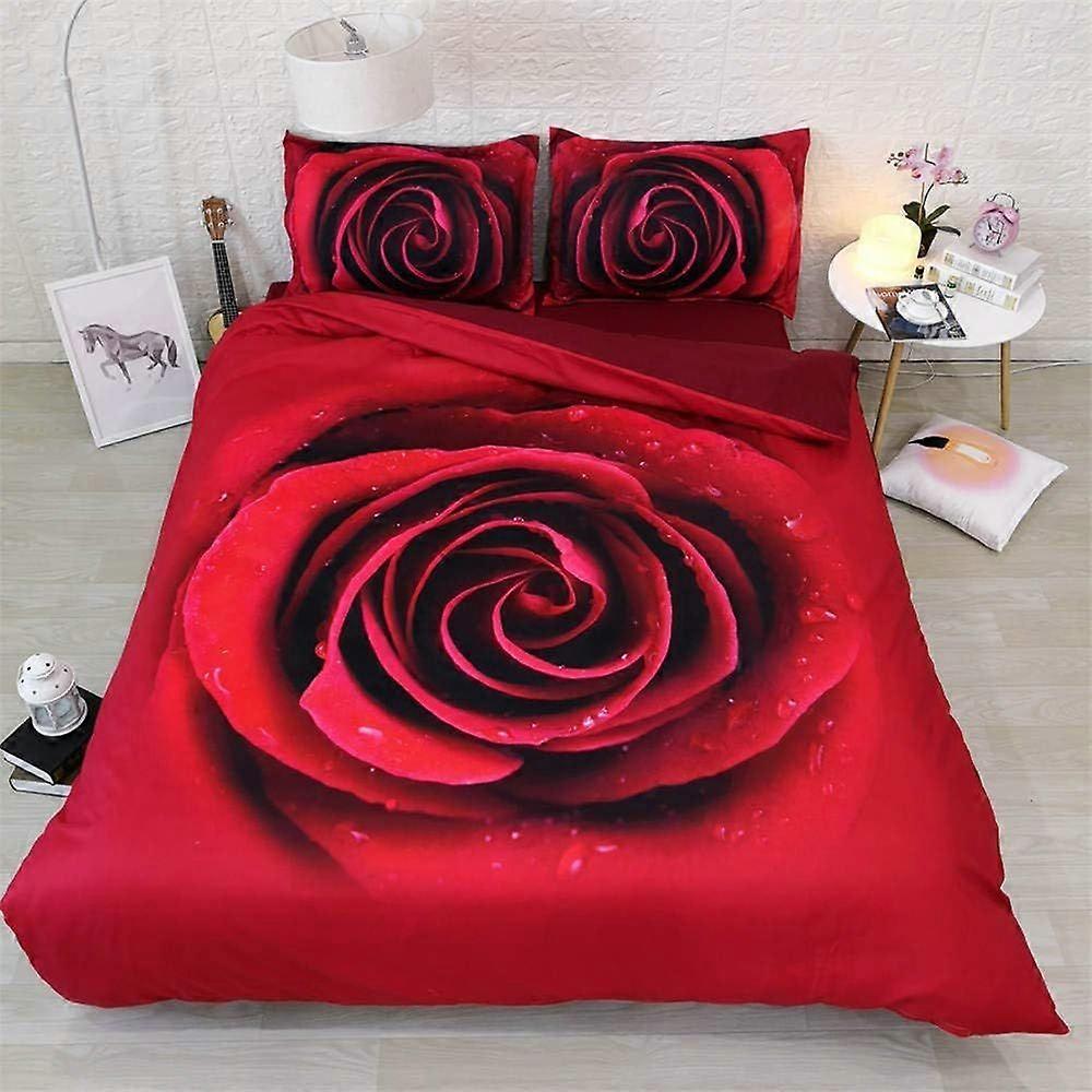 s636 Double Duvet Cover Set 3D Red Rose Bedding Set With Zipper Closure, Ultra Soft Microfiber Quilt Cover 2 Pillowcase For Adults And Teens v636