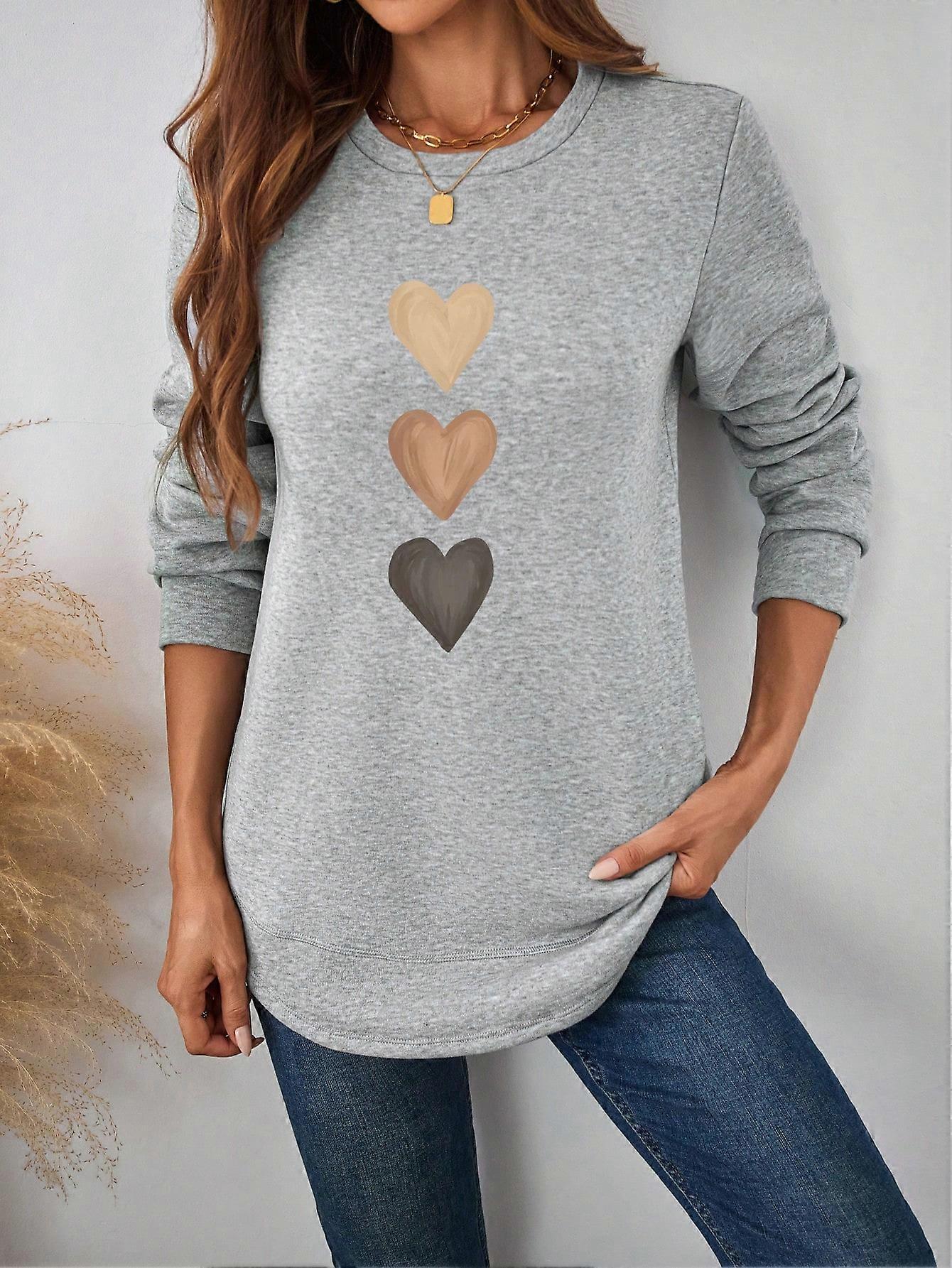 Women's Casual Heart Pattern Thickened Crew Neck Sweatshirt, Apricot Color, Suitable For Autumn/Winter
