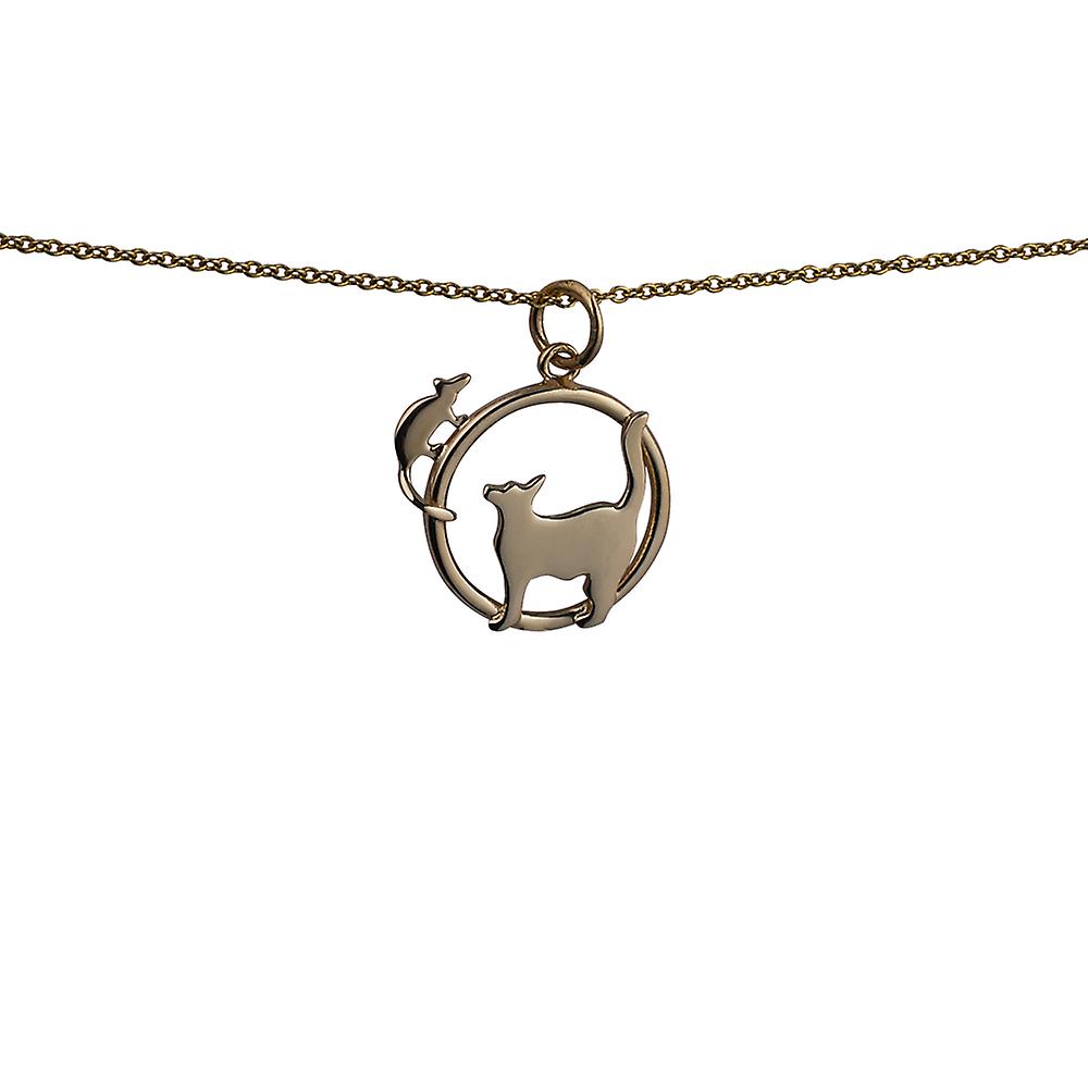 9ct Gold 20x17mm Cat looking left and Mouse in a circle Pendant with a cable Chain 20 inches