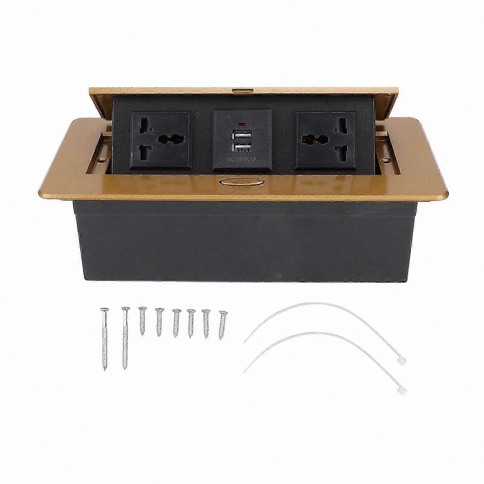 Premium Gold Double Multi Three-Hole + Dual USB Pop-Up Concealed Socket 250V