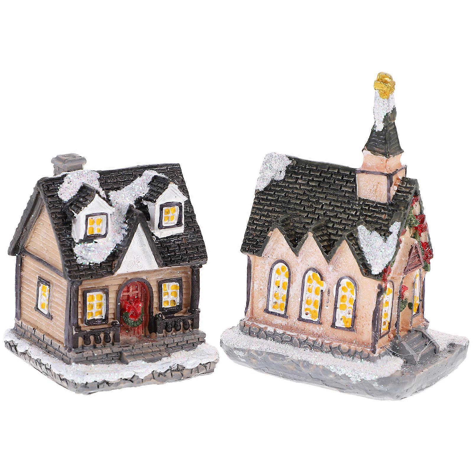 Decorative Mini House for Decorating 2Pcs Xmas Style Resin Glowing Ornaments