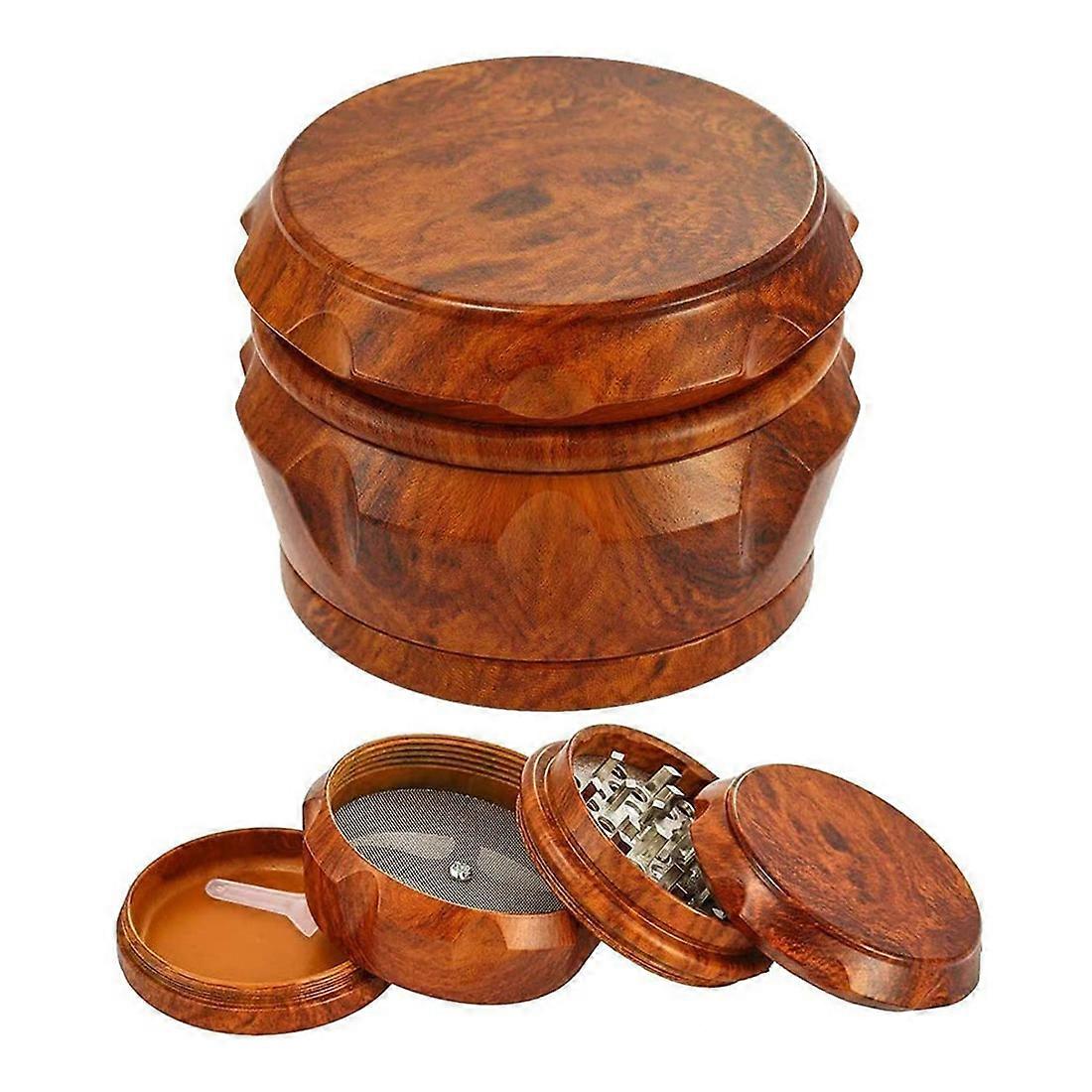 Wooden 4-Layer Grinder with Pollen Scraper for Home Brown