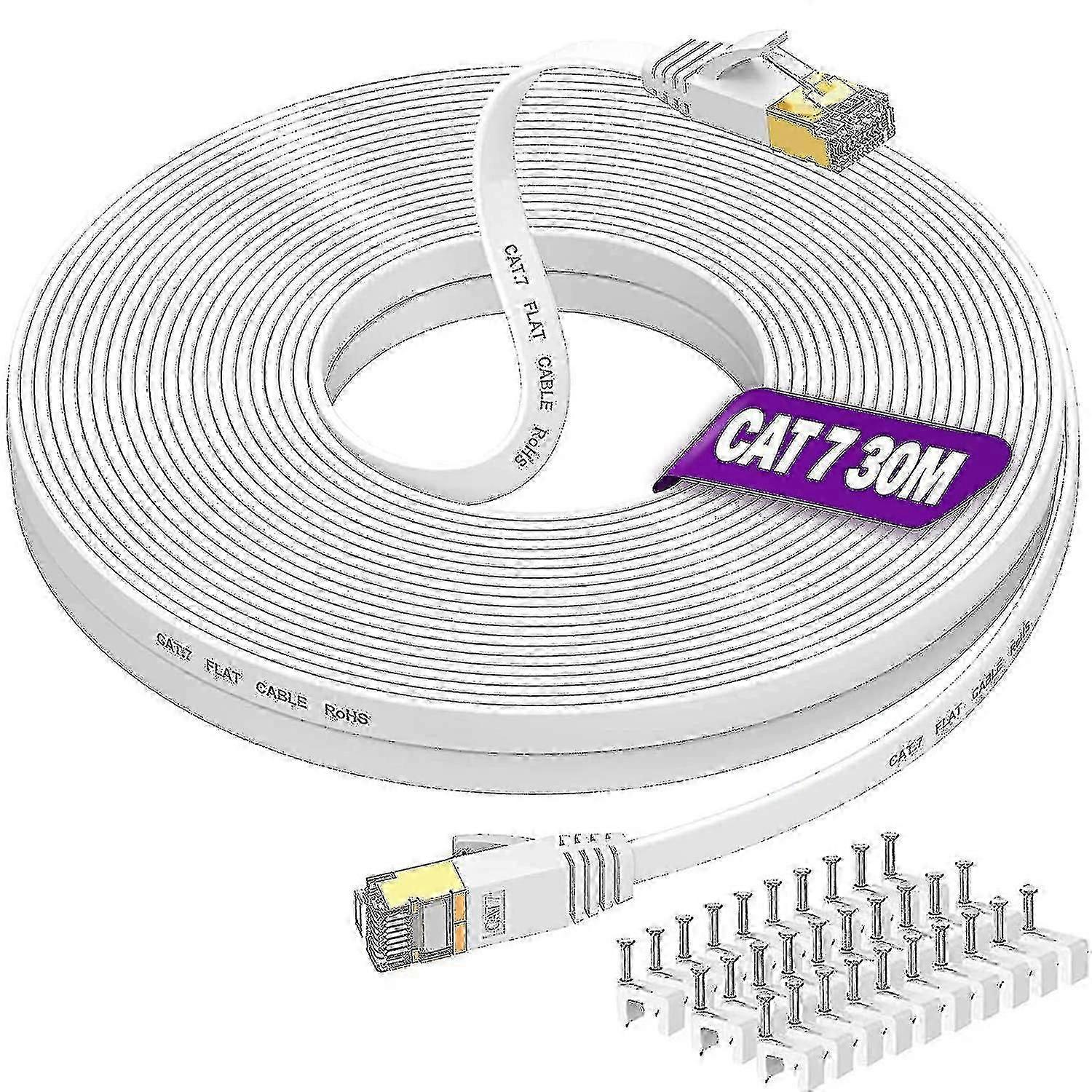 Cablu Ethernet lung 30m, Cat 7 cablu de internet plat de mare viteză 30 metri cablu de rețea alb 10gbps 600mhz Rj45 cablu 100ft ecranat Lan Patch cablu Fo