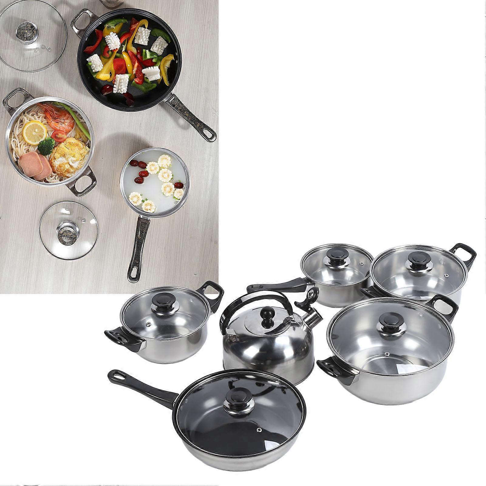 キッチン調理器具セット、ステンレス製鍋、フライパンセット、ソースパンストックポット、ノンスティックフライパン、ティーケトル、プラスチック、ブラックハンドルが含まれています