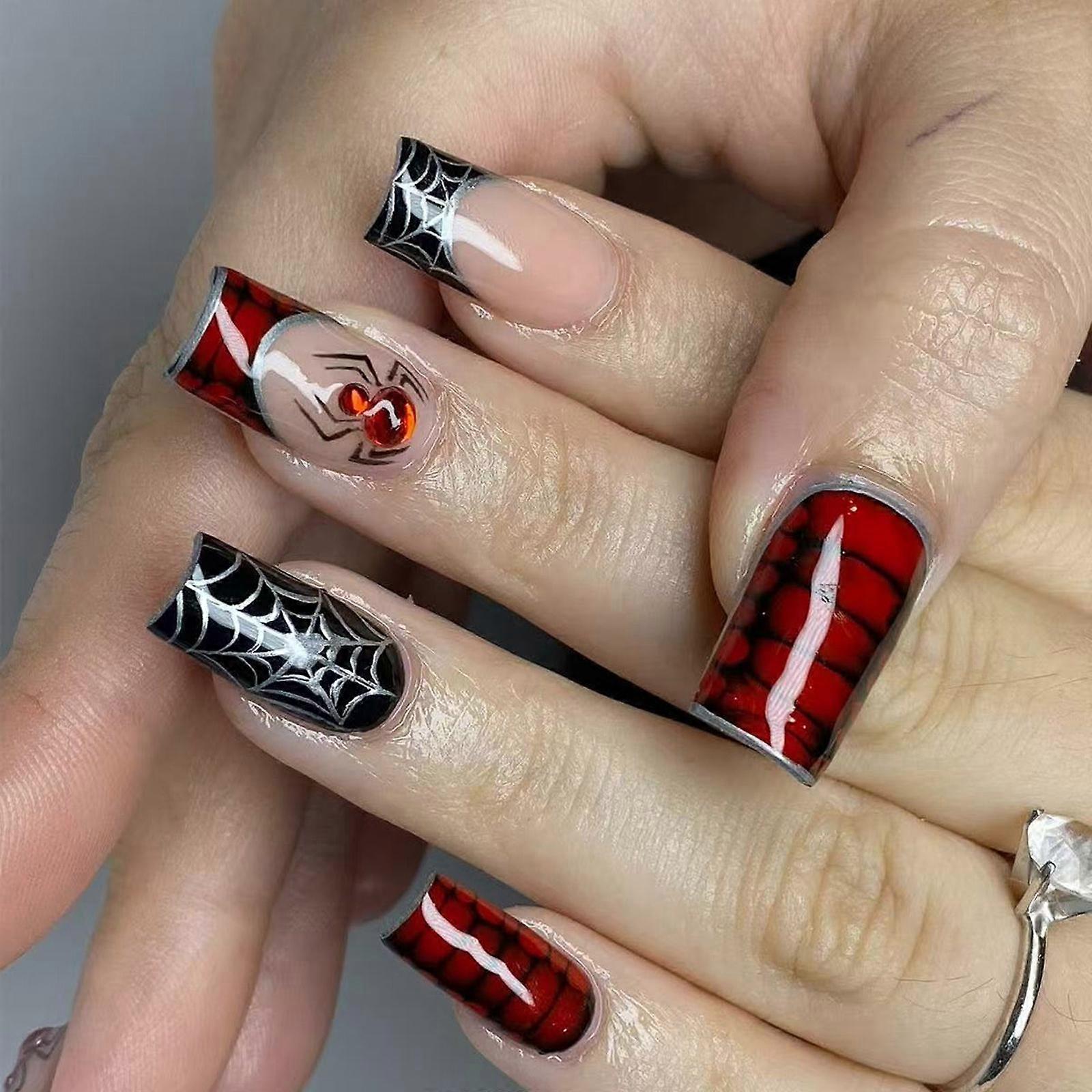 French Halloween Spiderweb Coffin Press On ABS Reusable Easy Apply Multicolor