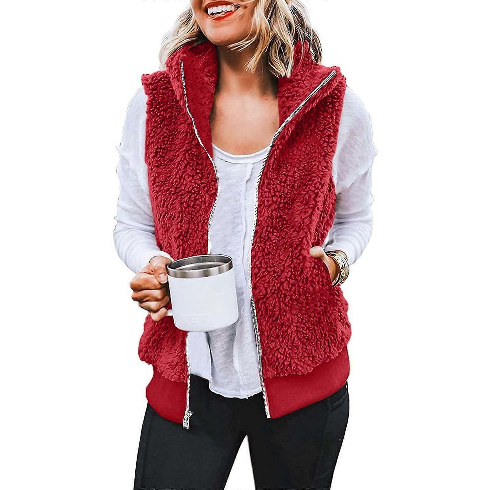 Plush stand collar sleeveless zipper lightweight vest comfortable with pockets women's jacket  Red XL
