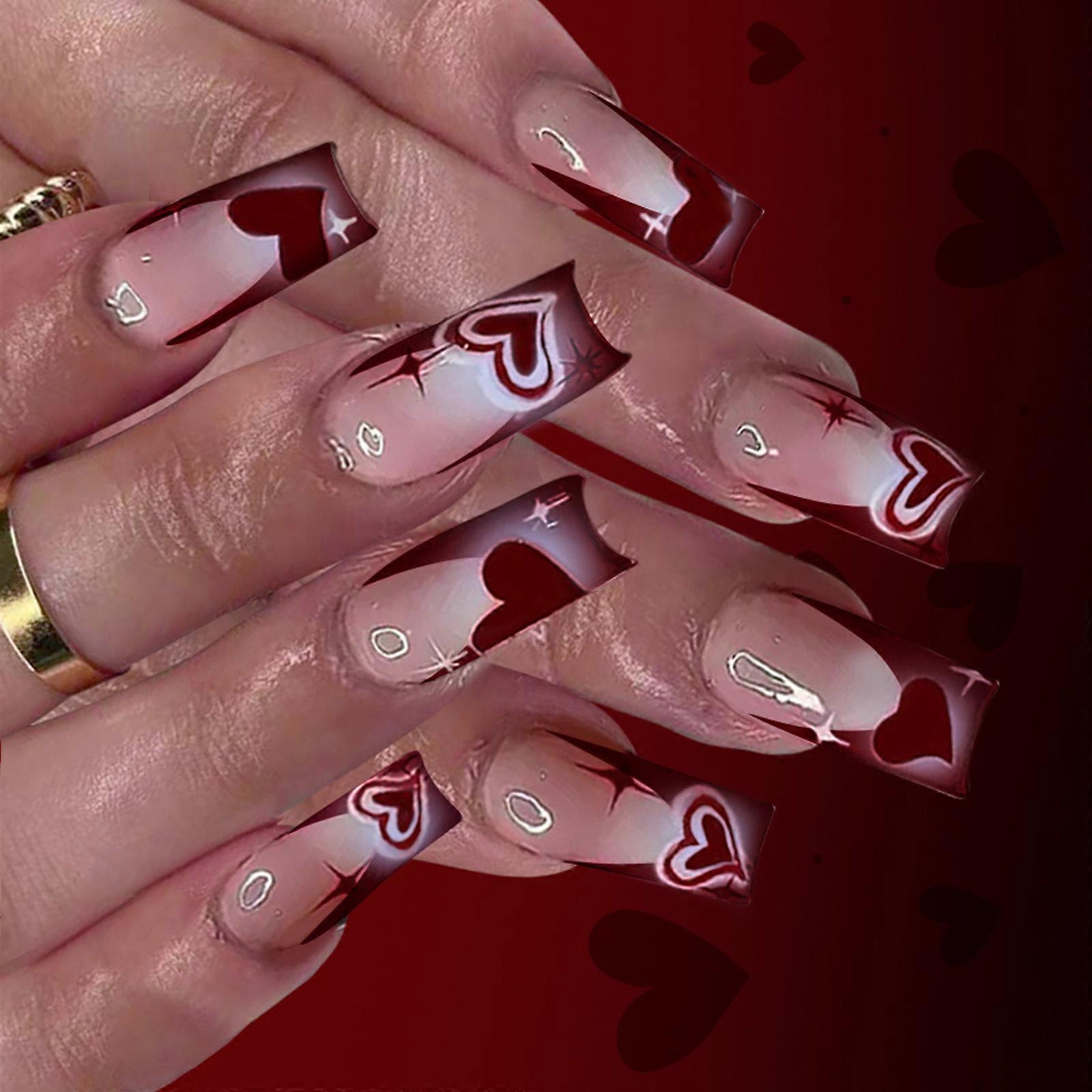 Easy Apply Medium Length Press On Nail Valentine Heart Design False Nail For Daily Use Event Special Occasions Multicolor