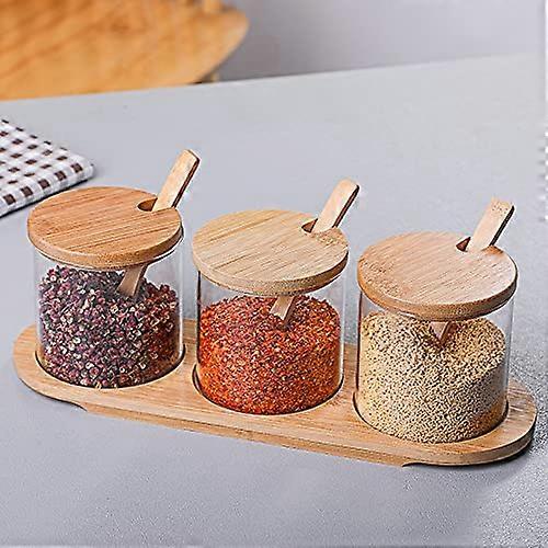 Glass Spice Jars Set of 3 with Bamboo Lid and Base, 300ml Containers for Tea Coffee Sugar Storage