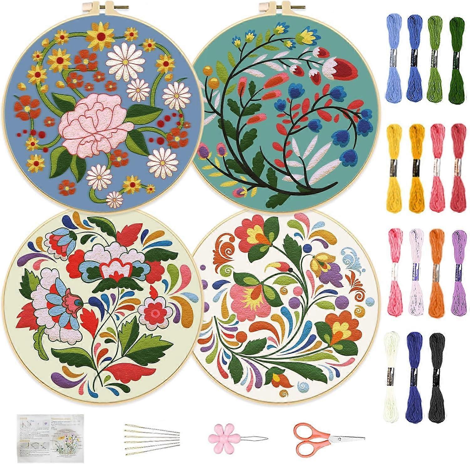 4 Set 8'' Embroidery Kit with Flower Patterns, Includes Fabric, Hoops, Threads & Instructions – Beginner Starter Kit for Hanging Decor