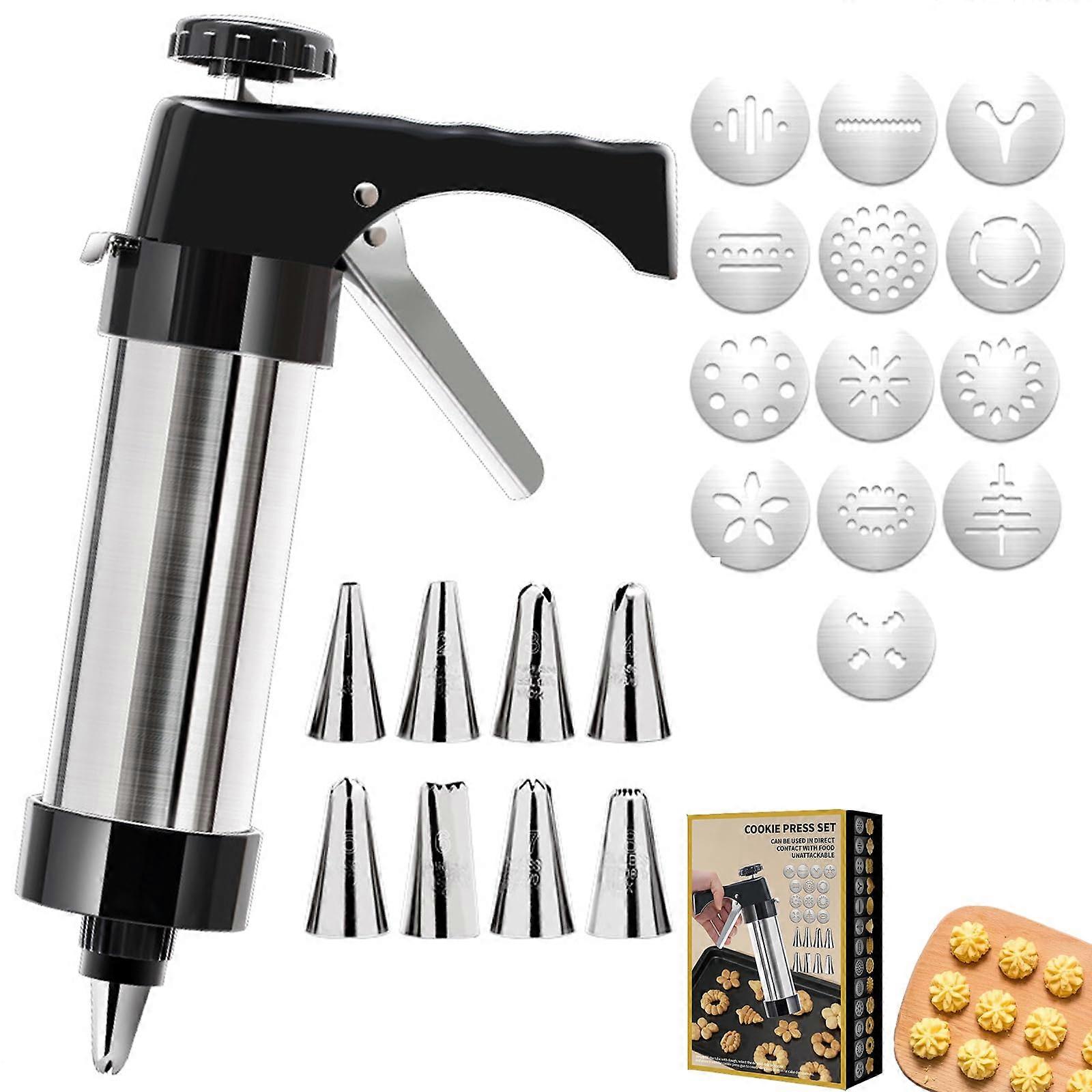 Stainless Steel Cookie Press Decorating Set with 13 Discs and 8 Icing Tips for Holiday Baking