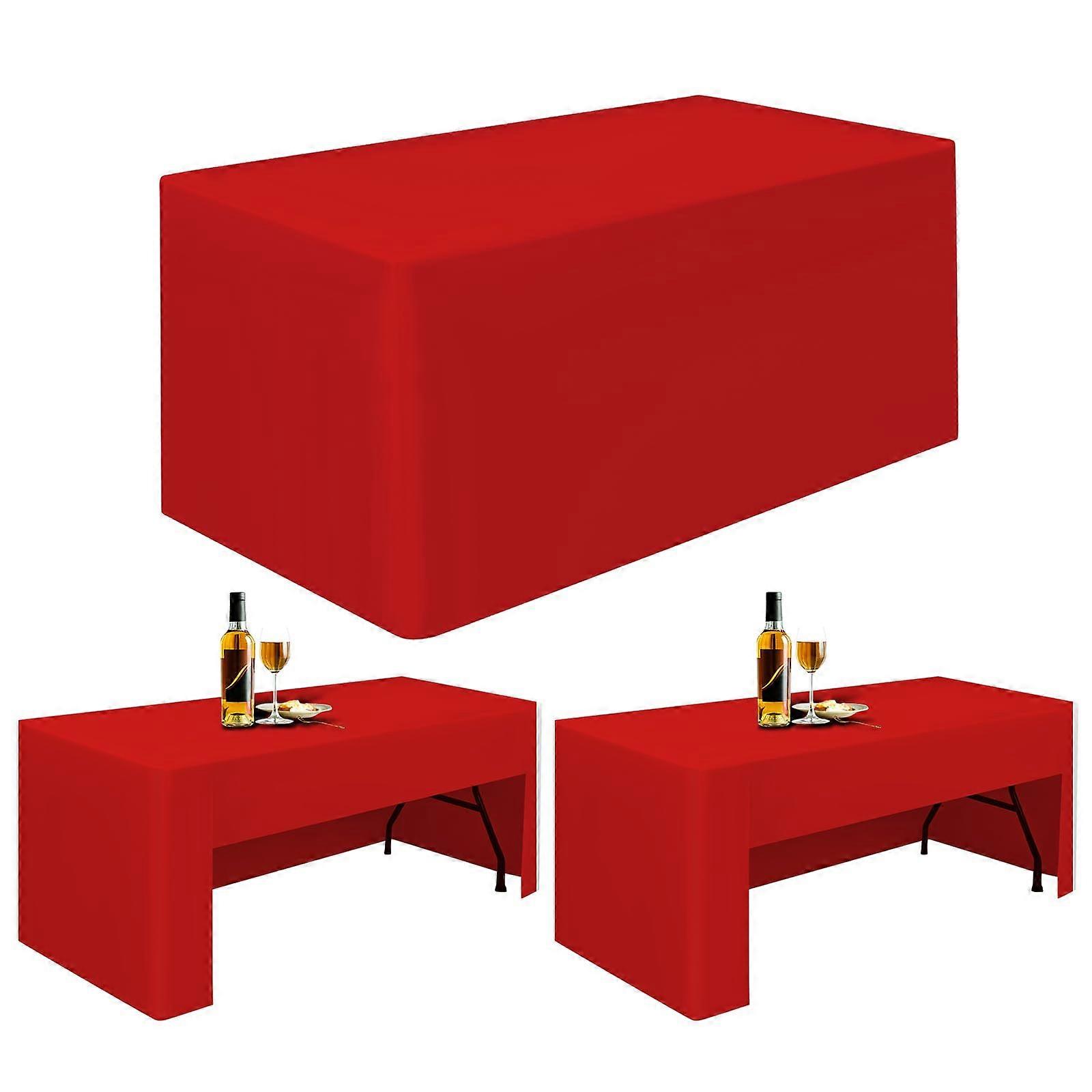 2 Pack Red 6Ft Open Back Fitted Tablecloth, Washable Polyester Table Cover for Rectangle Tables, Trade Show or Events