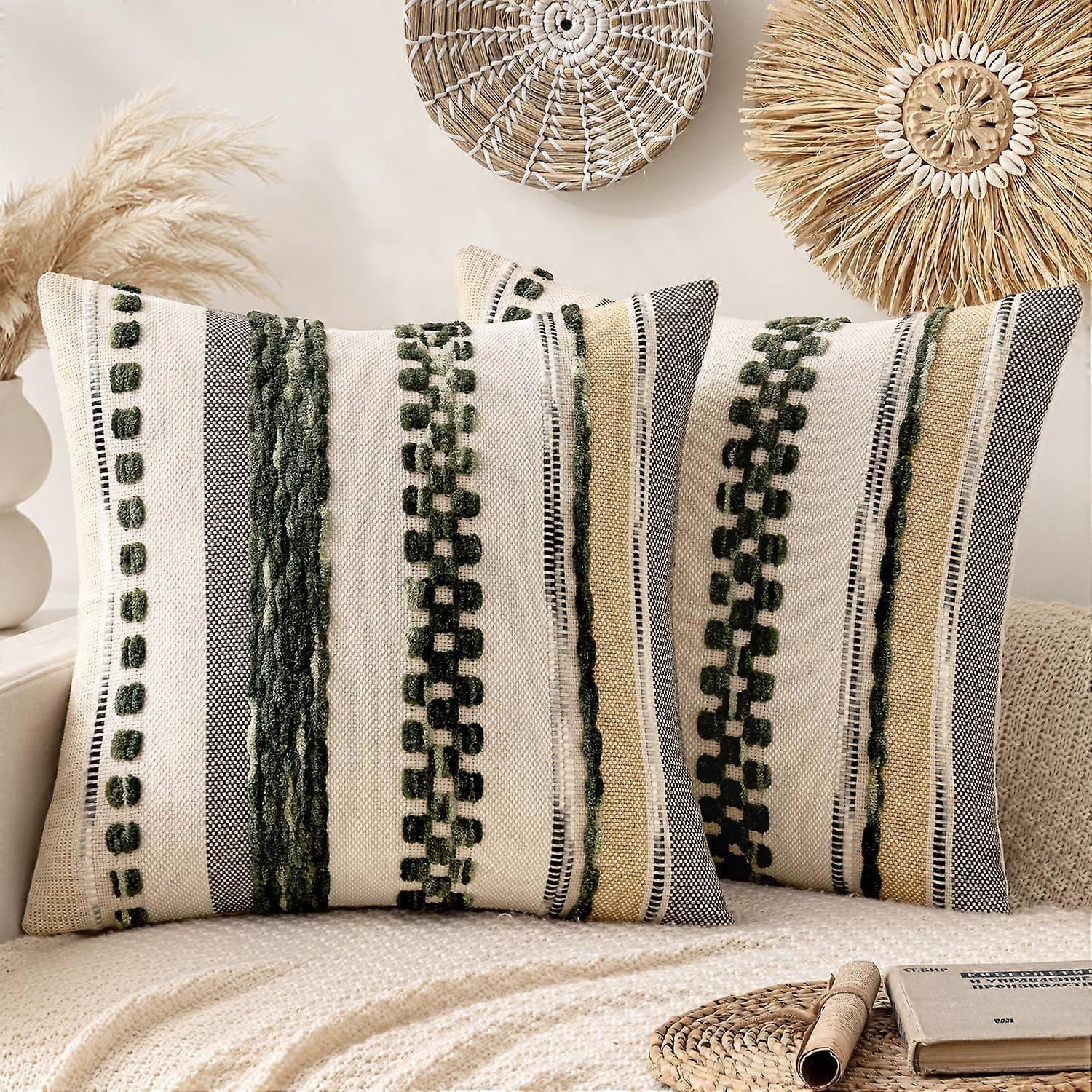 Pack of 2 18x18 Boho Throw Pillow Covers Farmhouse Chenille Cushion Cases Striped Tufted Design for Sofa Couch Bed