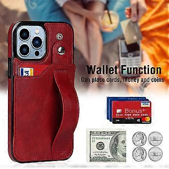 Case For Iphone 13 6.1 Red Back Wristband Card Slot Leather No1265