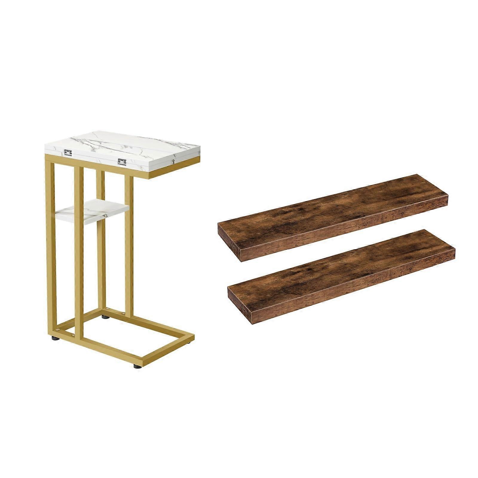 Floating Shelves and Foldable C Shaped Side Table Set, Wall Mounted Space Saving Design, Retro Brown