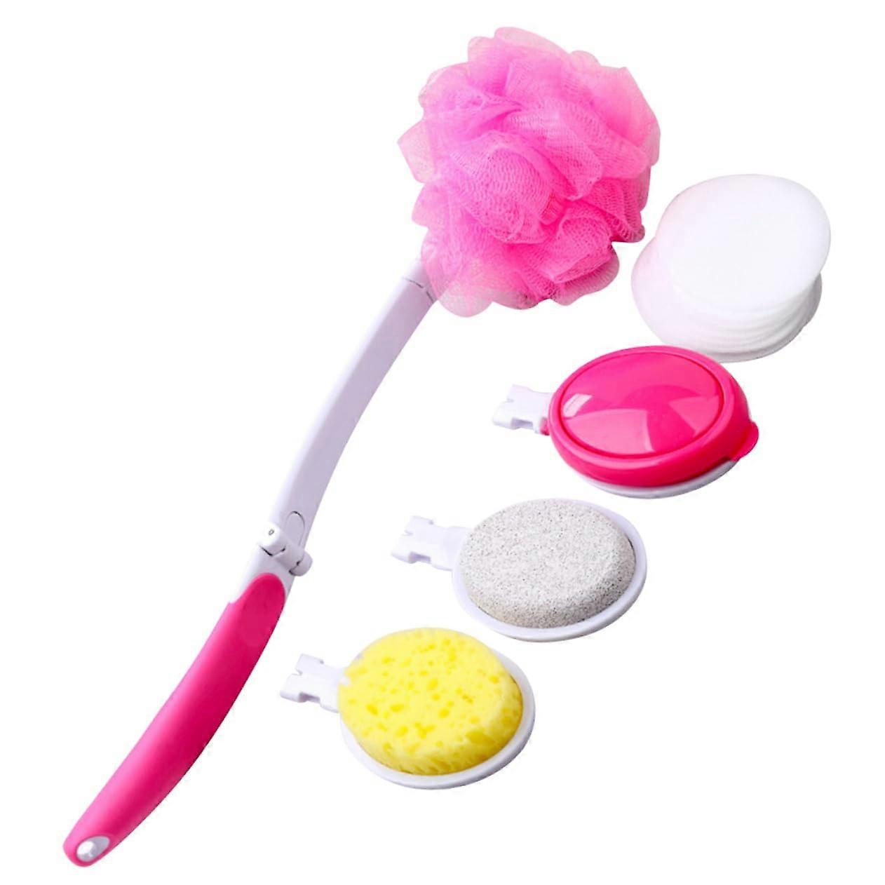 Back Scrubber with Foldable Long Handle Shower Brush, Interchangeable Heads for Deep Cleansing Pink